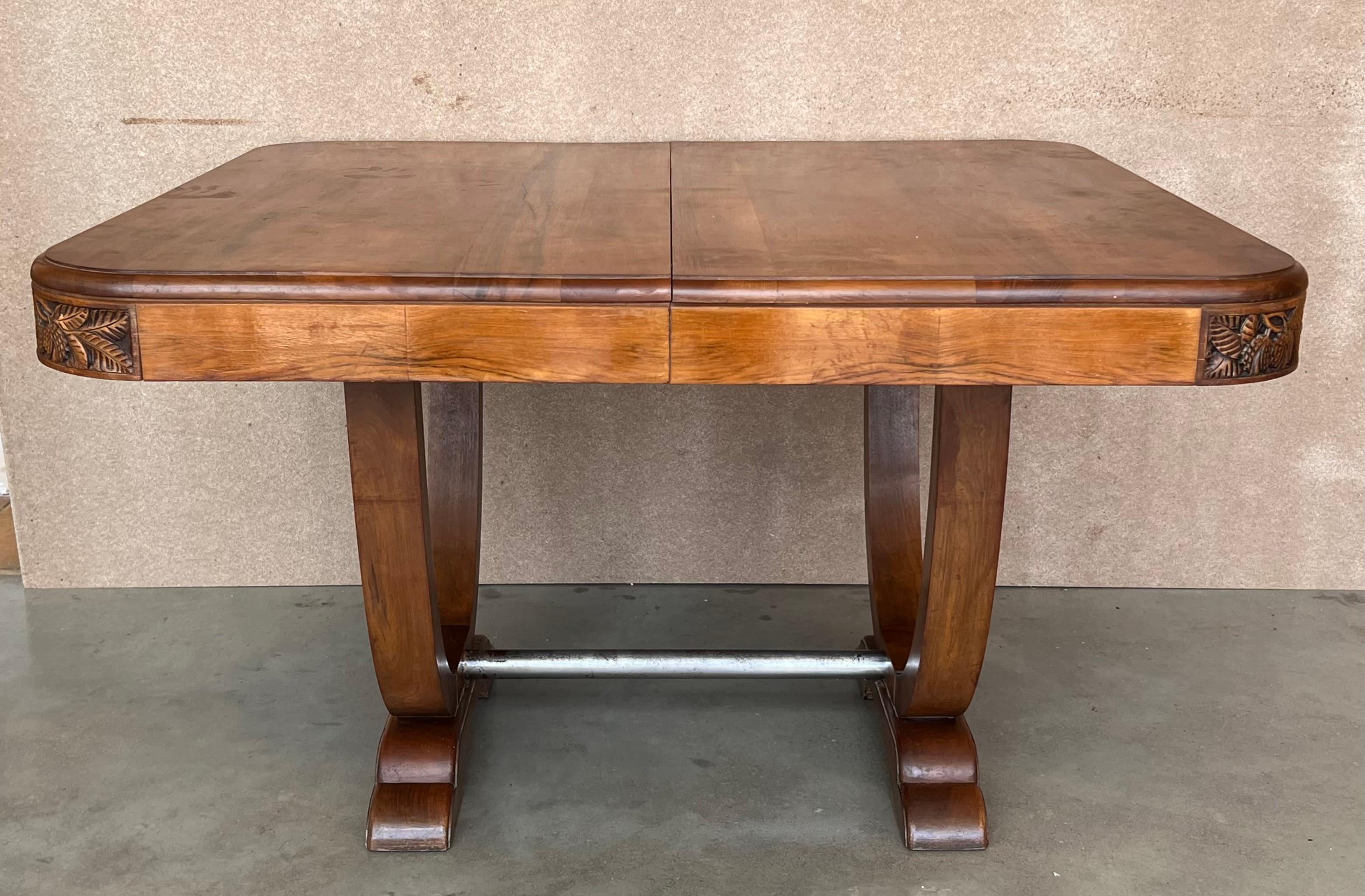 Art Deco Mid-Century Walnut Dining Table with Extensions and Carved Edges 4