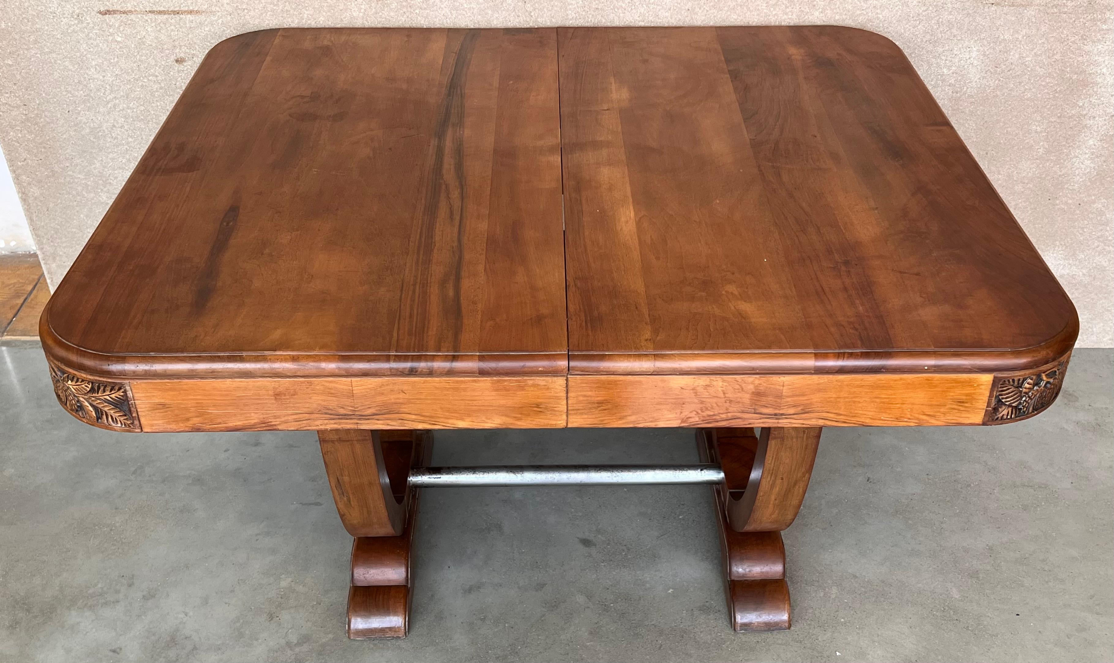 Art Deco Mid-Century Walnut Dining Table with Extensions and Carved Edges 5