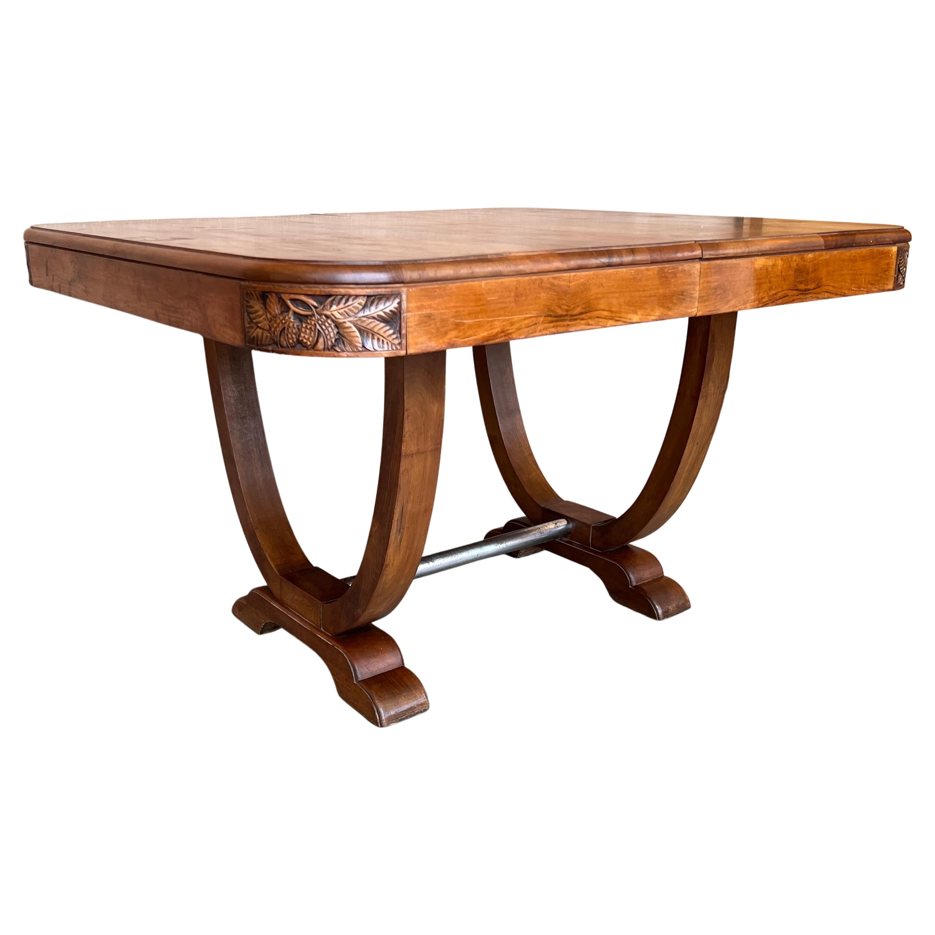 Art Deco Mid-Century Walnut Dining Table with Extensions and Carved Edges