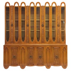 Vintage Art Deco Mid Century Wood Carved Display China Cabinet