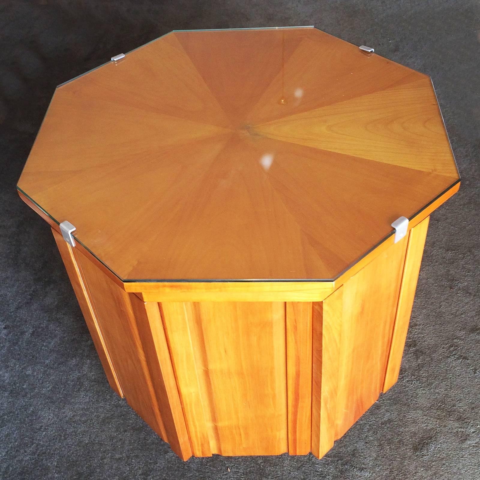 Art Deco, amazing, Automaton bar and/or coffee table with secure storage. Very well made with solid, heavy quality solid timbers, with an intricately inlaid octagon top, all in Perfect condition with a soft age Patina. Made by “MESKER”, with the