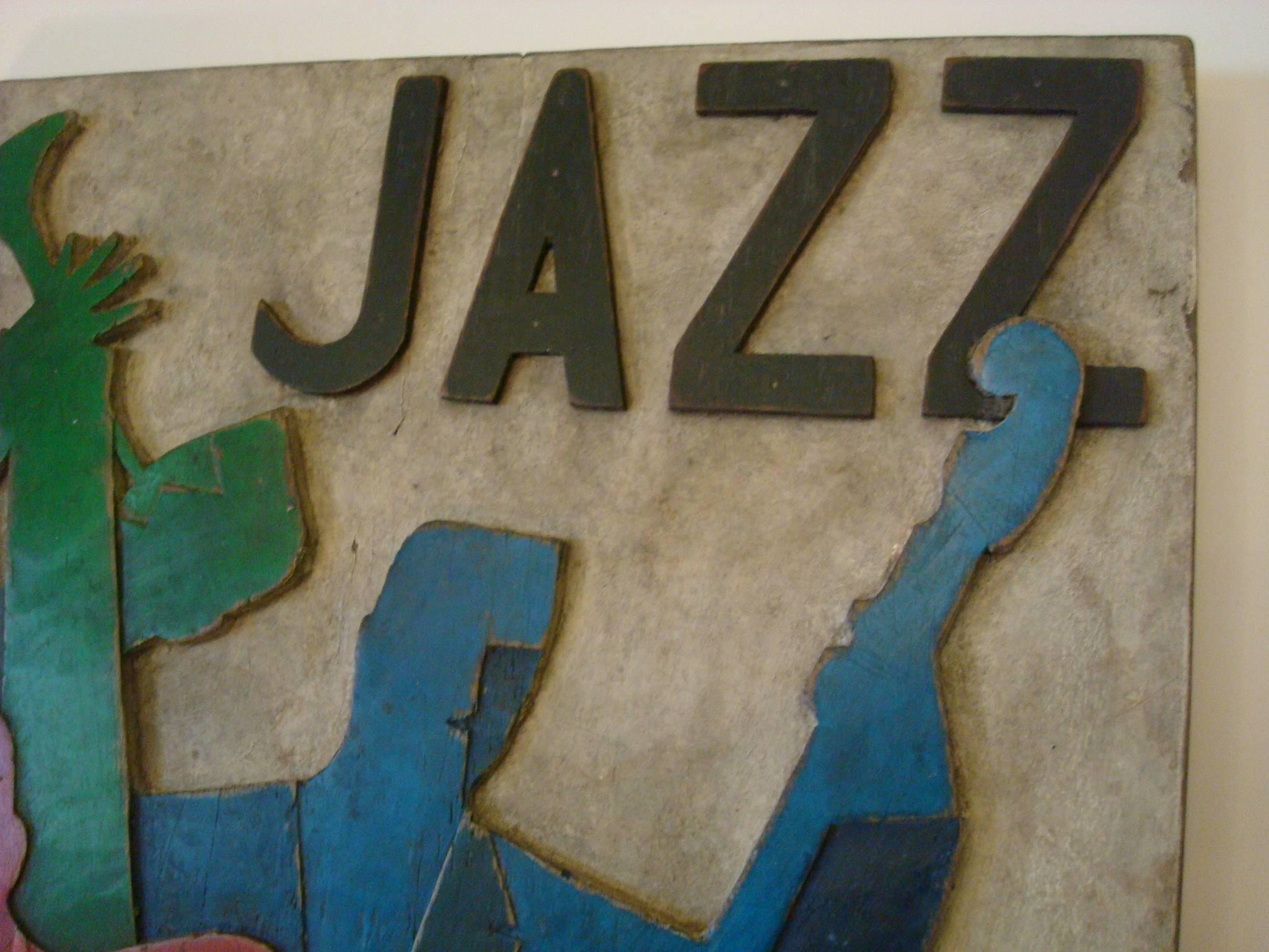 Art Deco, Midcentury, Carved Painted Jazz Club Sign, 1930s 2