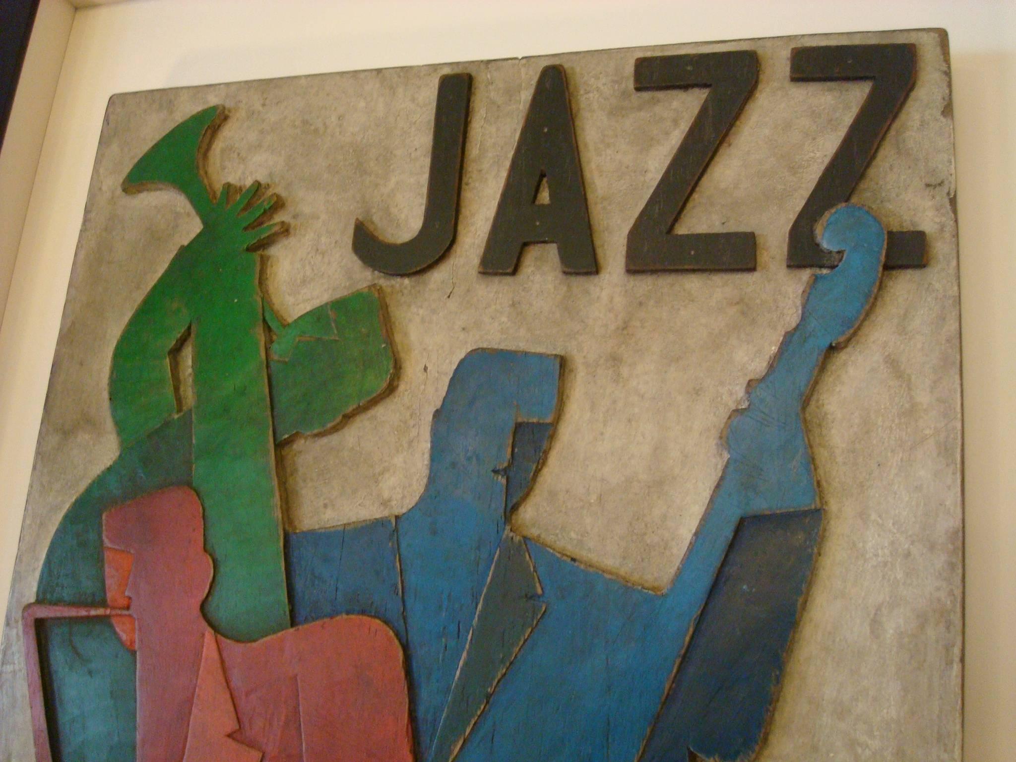 Art Deco, Midcentury, Carved Painted Jazz Club Sign, 1930s In Good Condition In Buenos Aires, Olivos