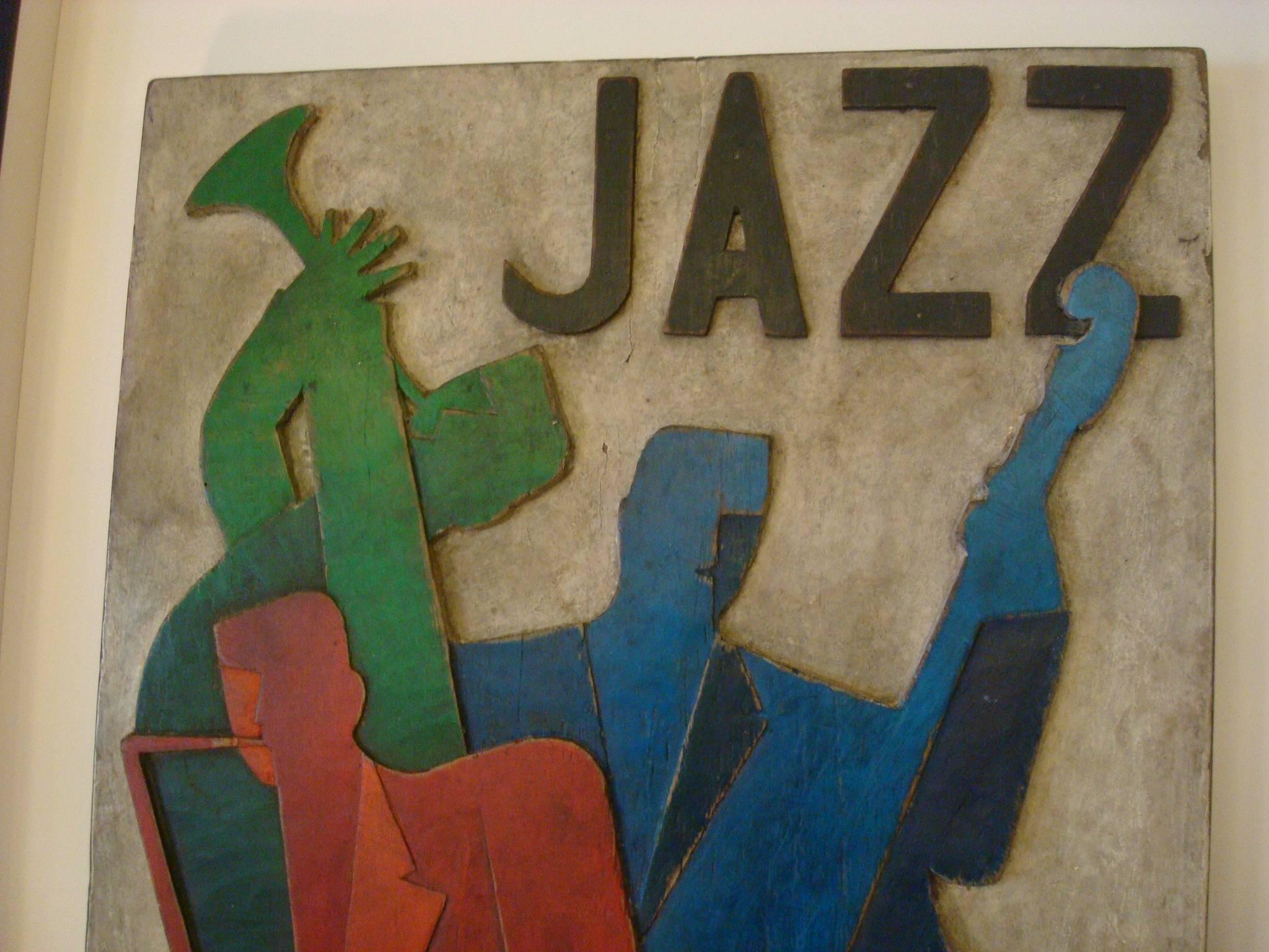 20th Century Art Deco, Midcentury, Carved Painted Jazz Club Sign, 1930s