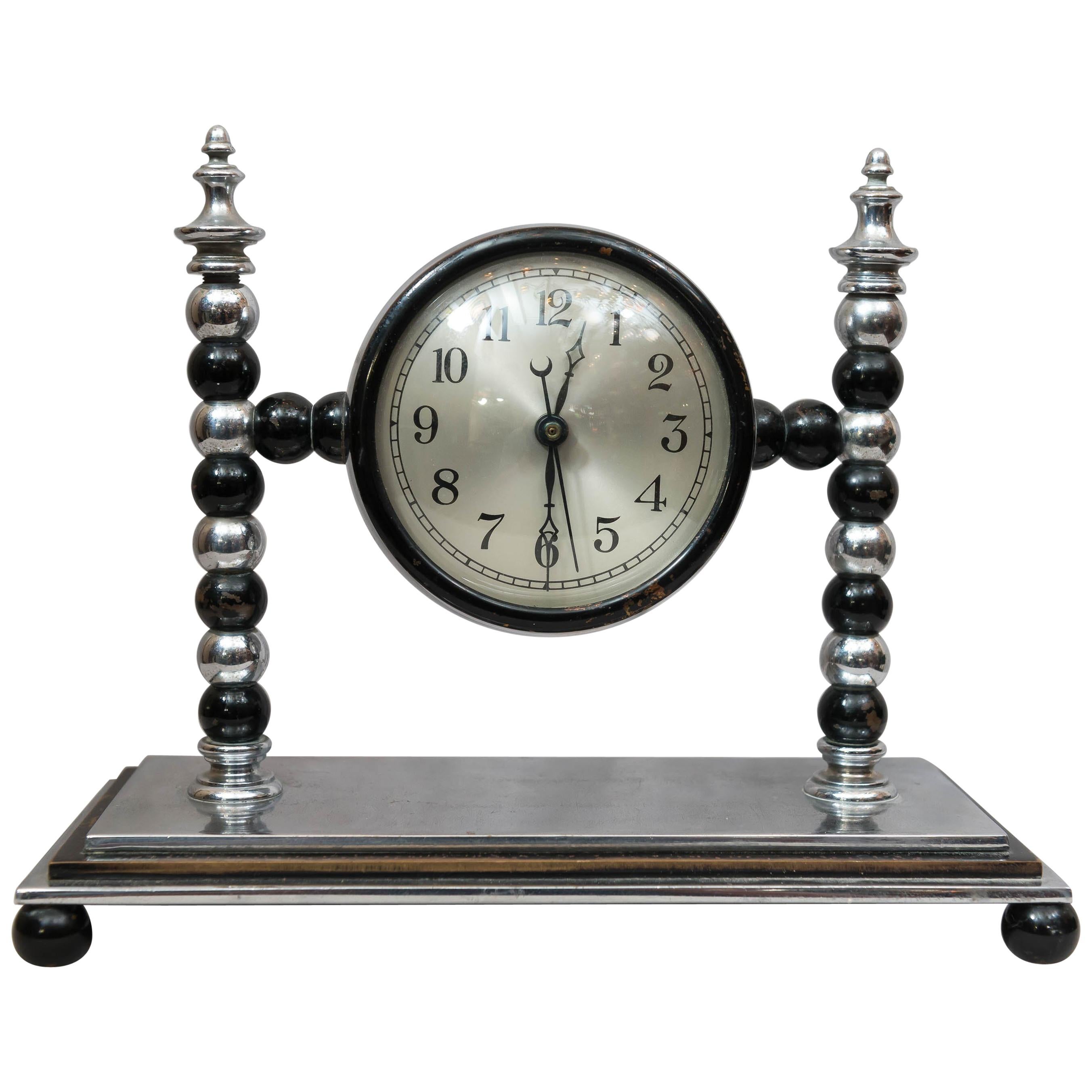Art Deco Midcentury Chrome and Black Clock