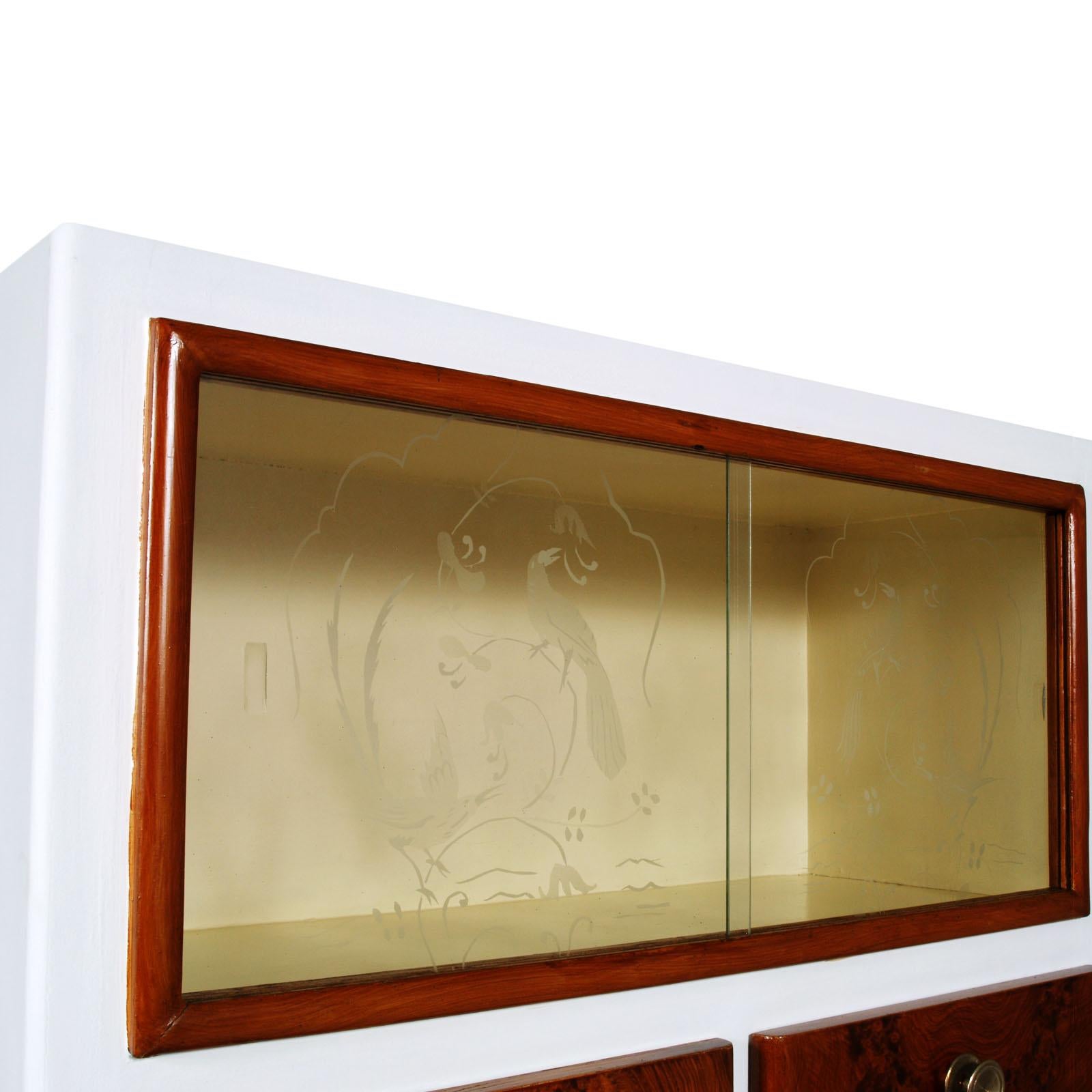 Italian Italy 1930s Art Deco Credenza Display Cabinet Lacquered Hand Decorated Wood For Sale