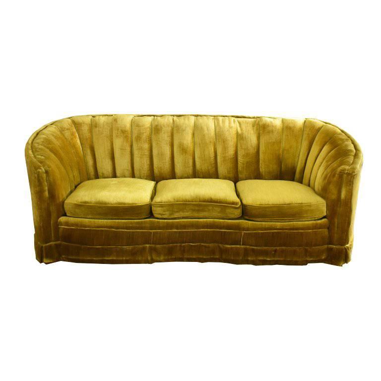 Art Deco Midcentury Green Velvet Banana Form Channel Back Sofa Hollywood Regency