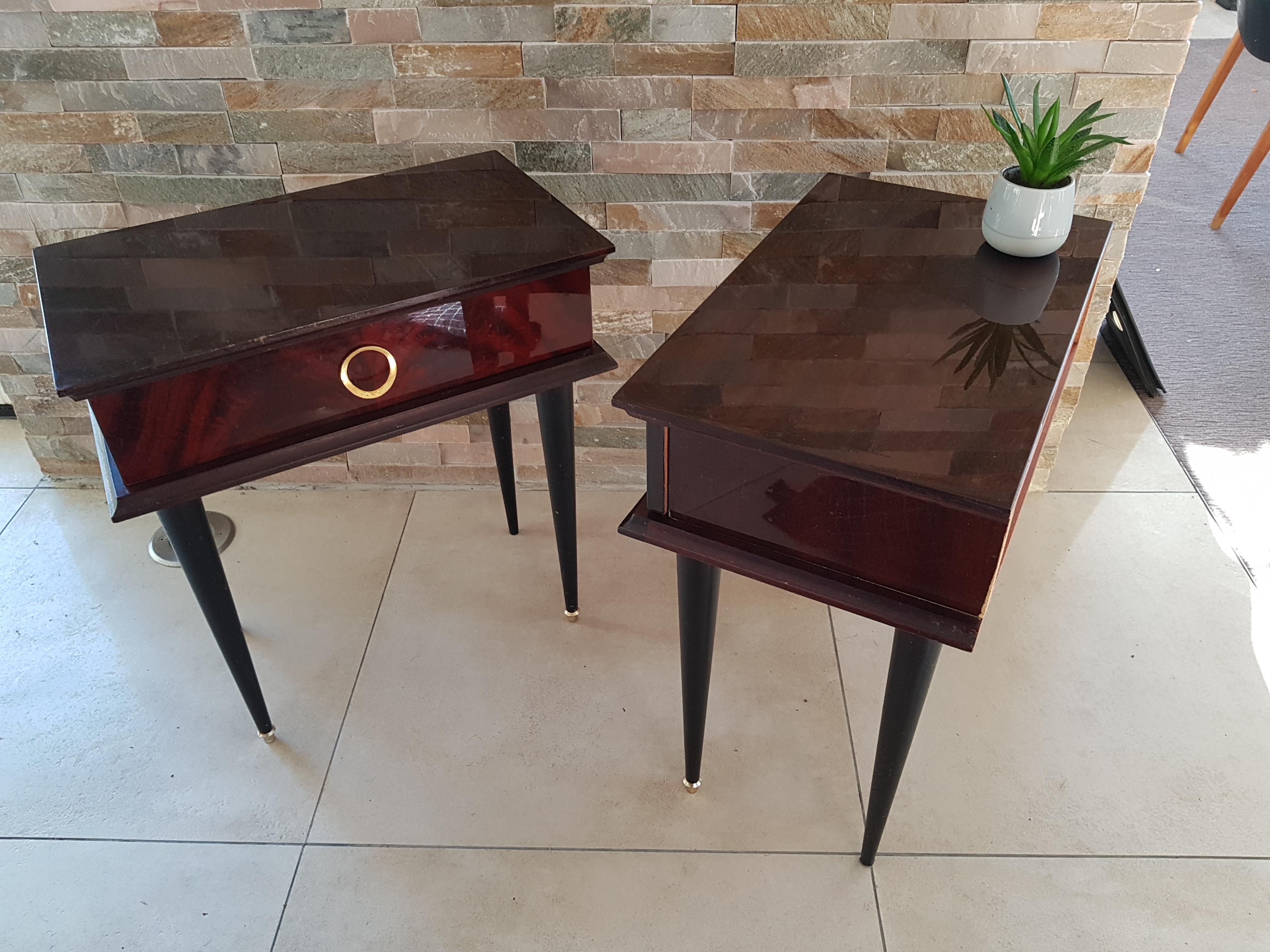 Art Deco Midcentury Mahogany Bedside Tables Nightstands, France, 1950 For Sale 3