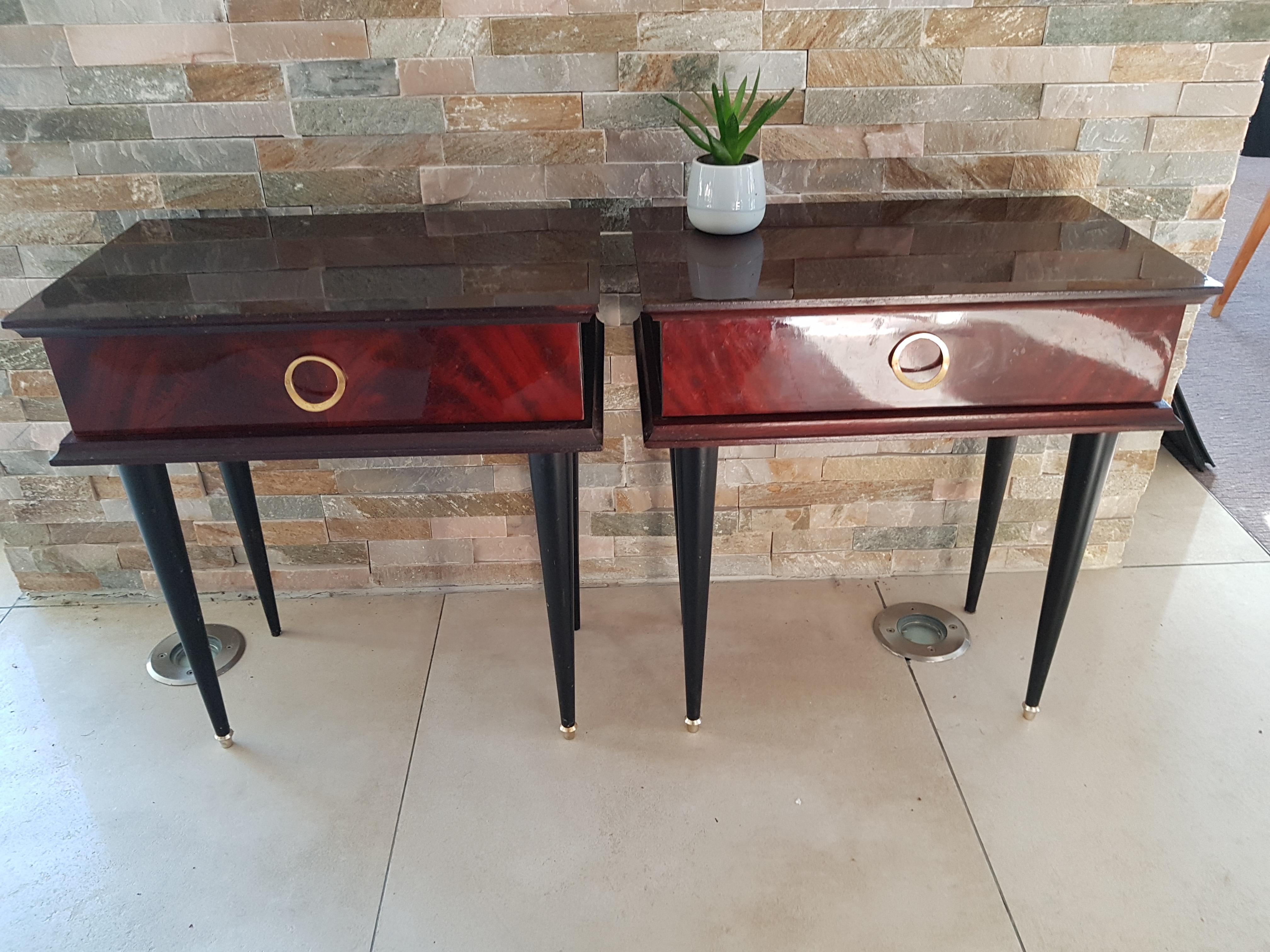 Art Deco Midcentury Mahogany Bedside Tables Nightstands, France, 1950 In Good Condition For Sale In Saarbruecken, DE