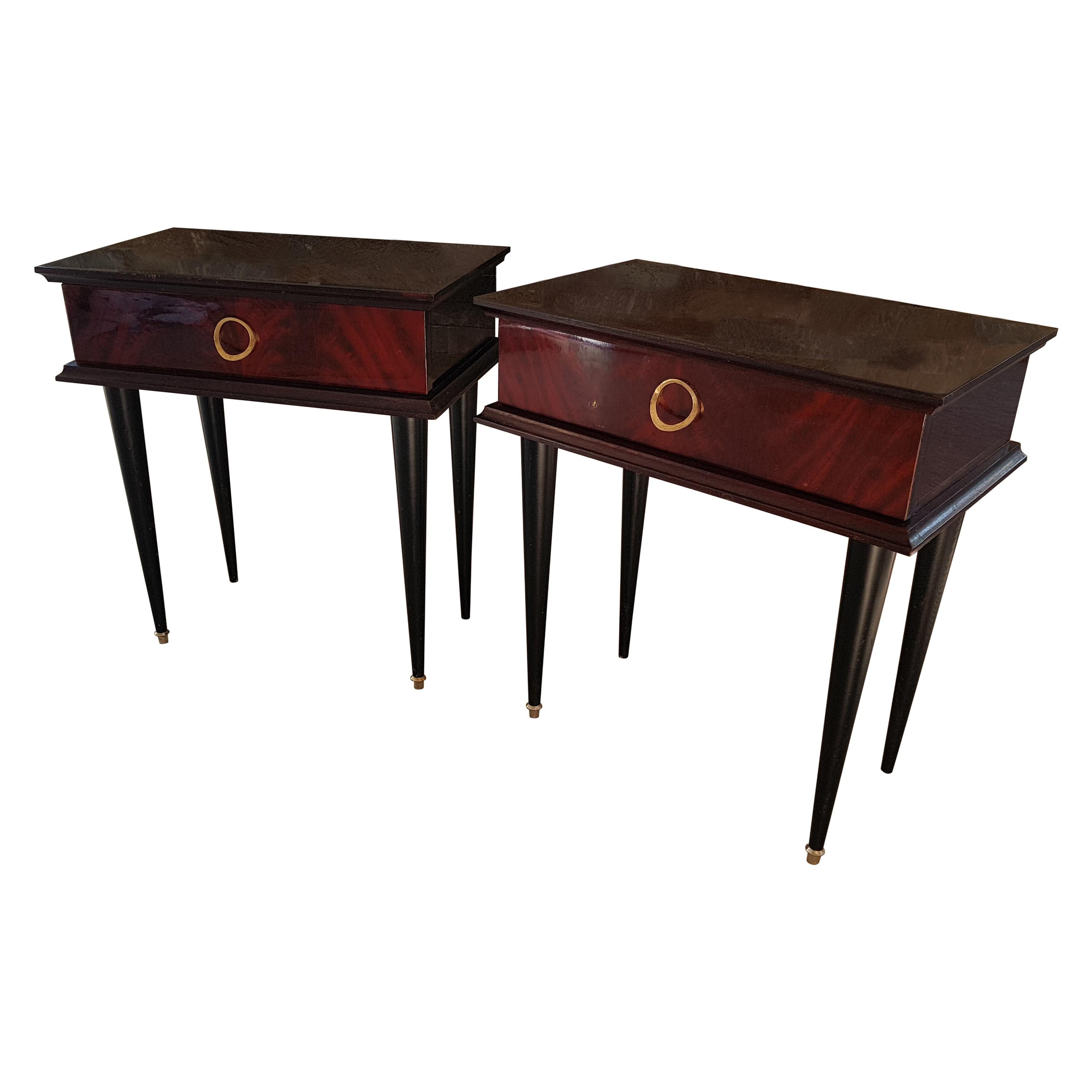 Art Deco Midcentury Mahogany Bedside Tables Nightstands, France, 1950 For Sale