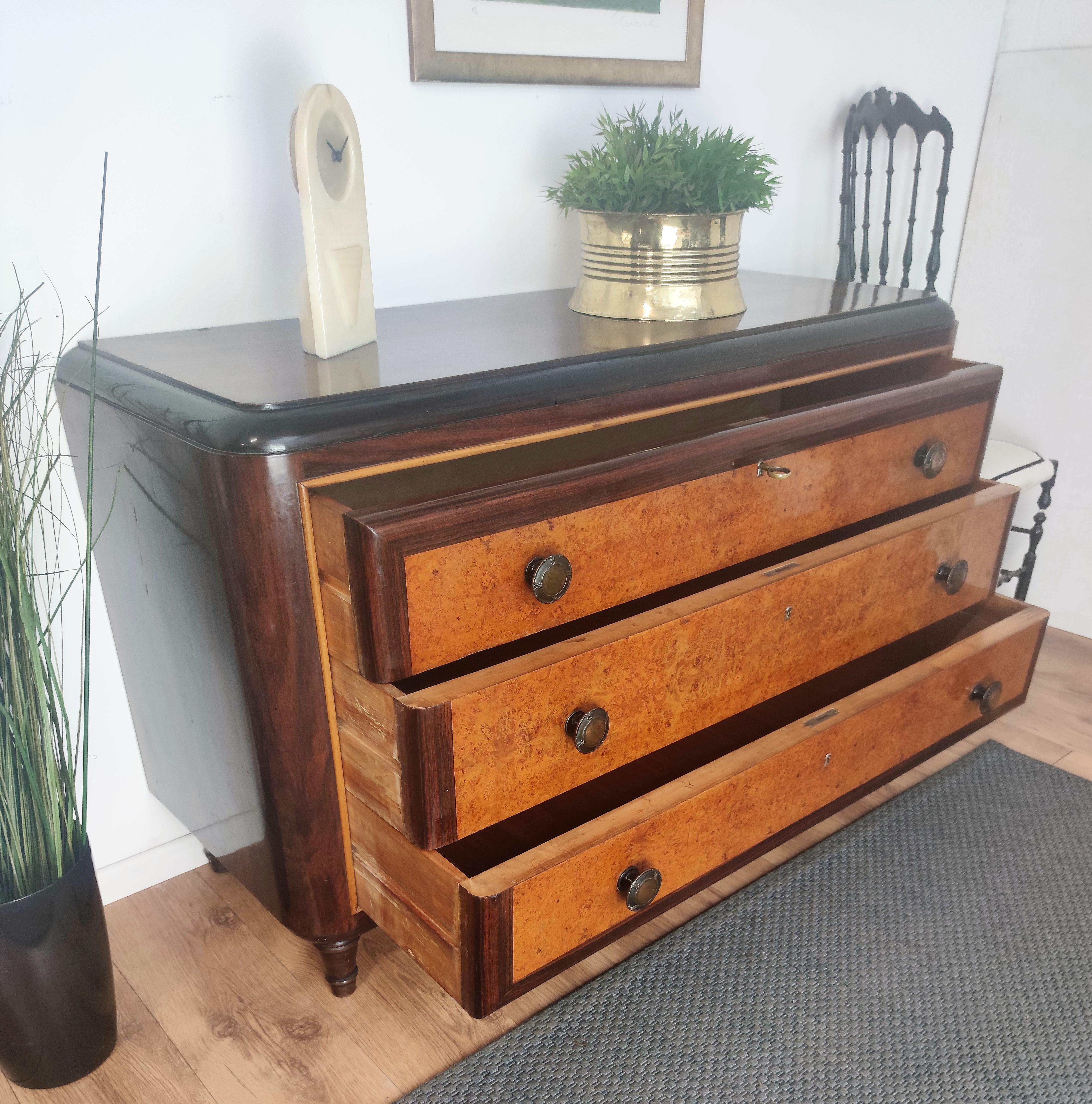 20th Century Art Deco Midcentury Modern Italian Walnut Burl Brass Bronze Chest of Drawers For Sale