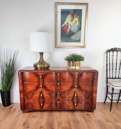 Art Deco Midcentury Regency Italian Walnut Burl & Brass Chest of Drawers