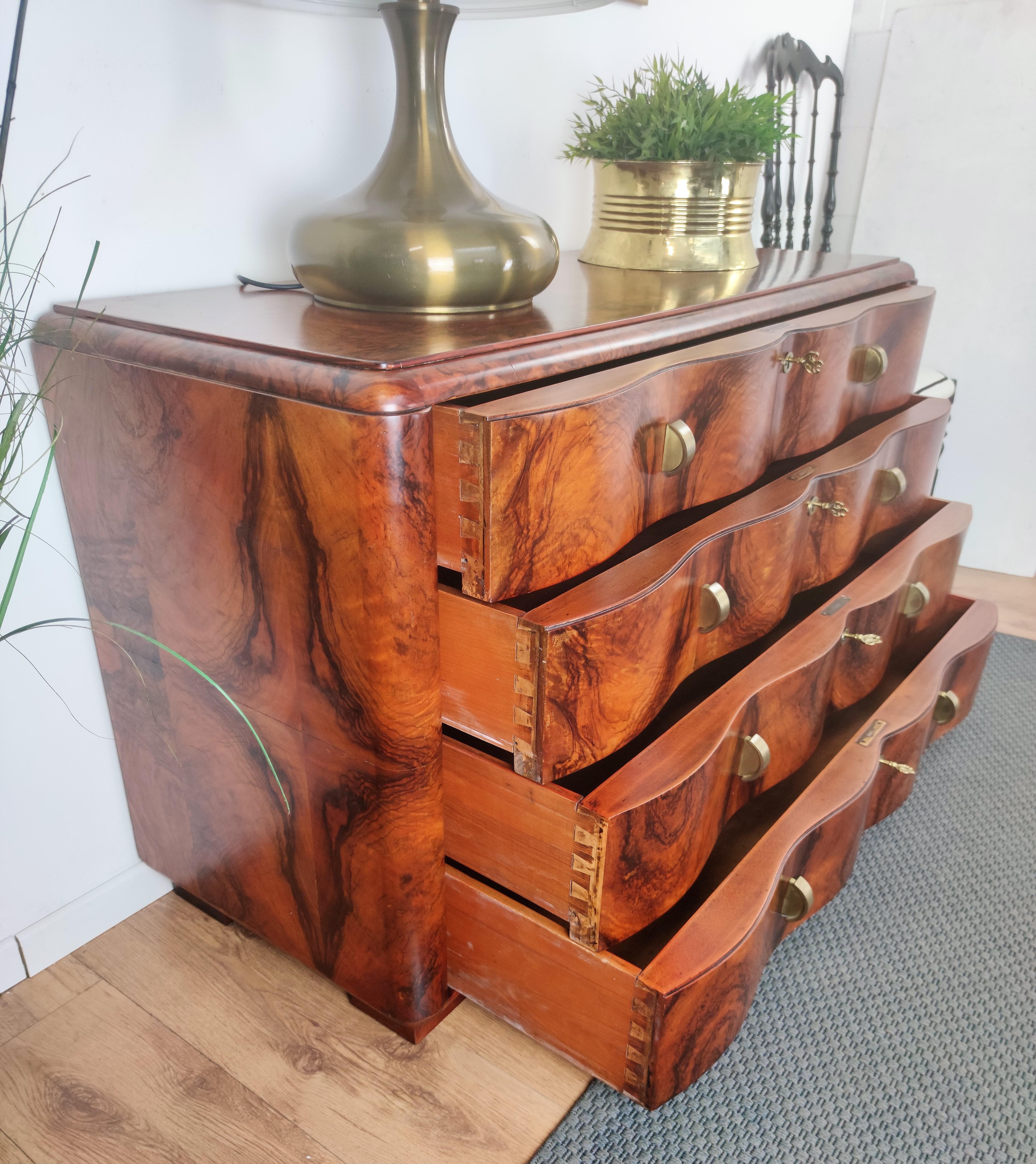 20th Century Art Deco Midcentury Regency Italian Walnut Burl & Brass Chest of Drawers