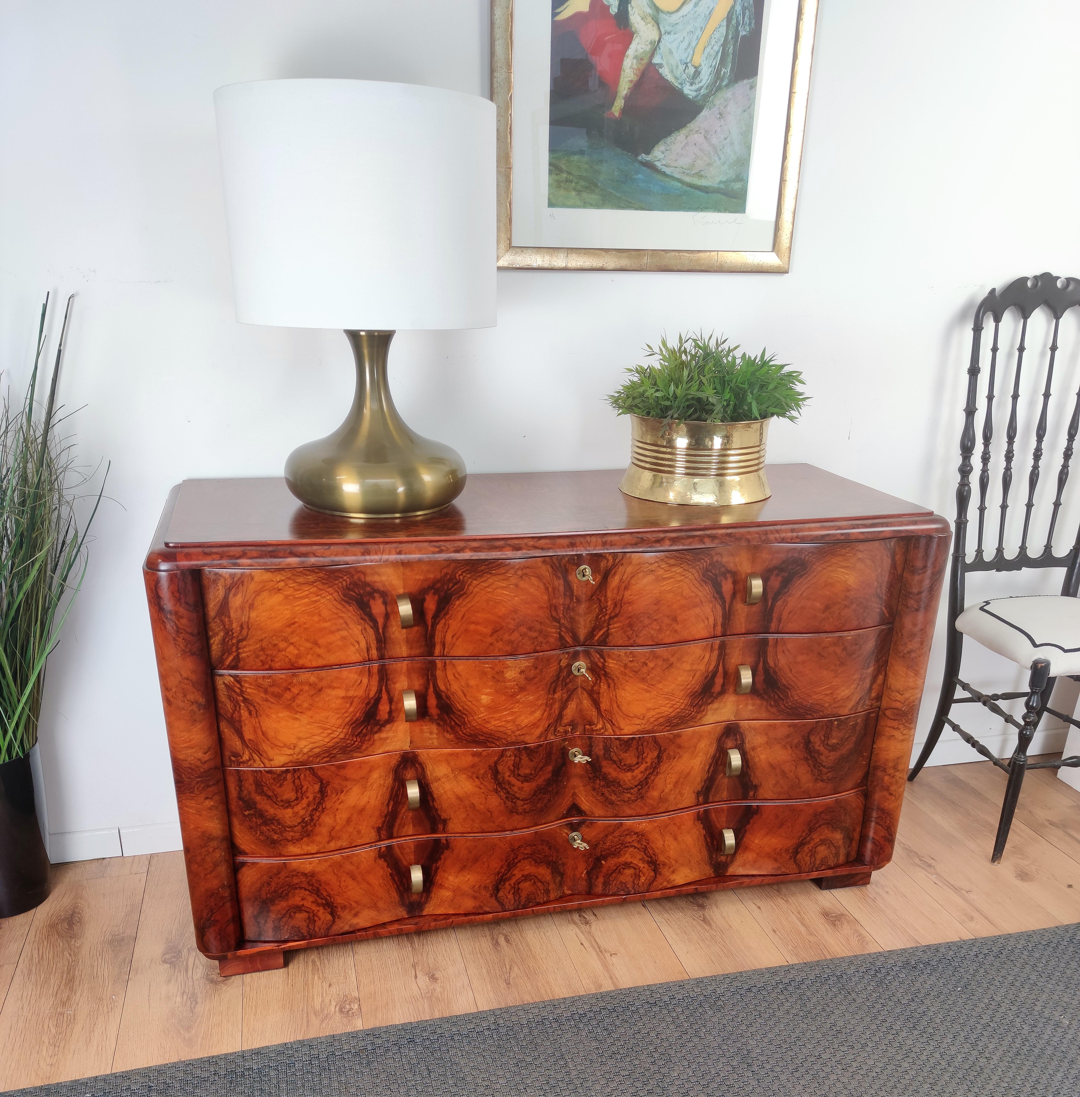 Wood Art Deco Midcentury Regency Italian Walnut Burl & Brass Chest of Drawers