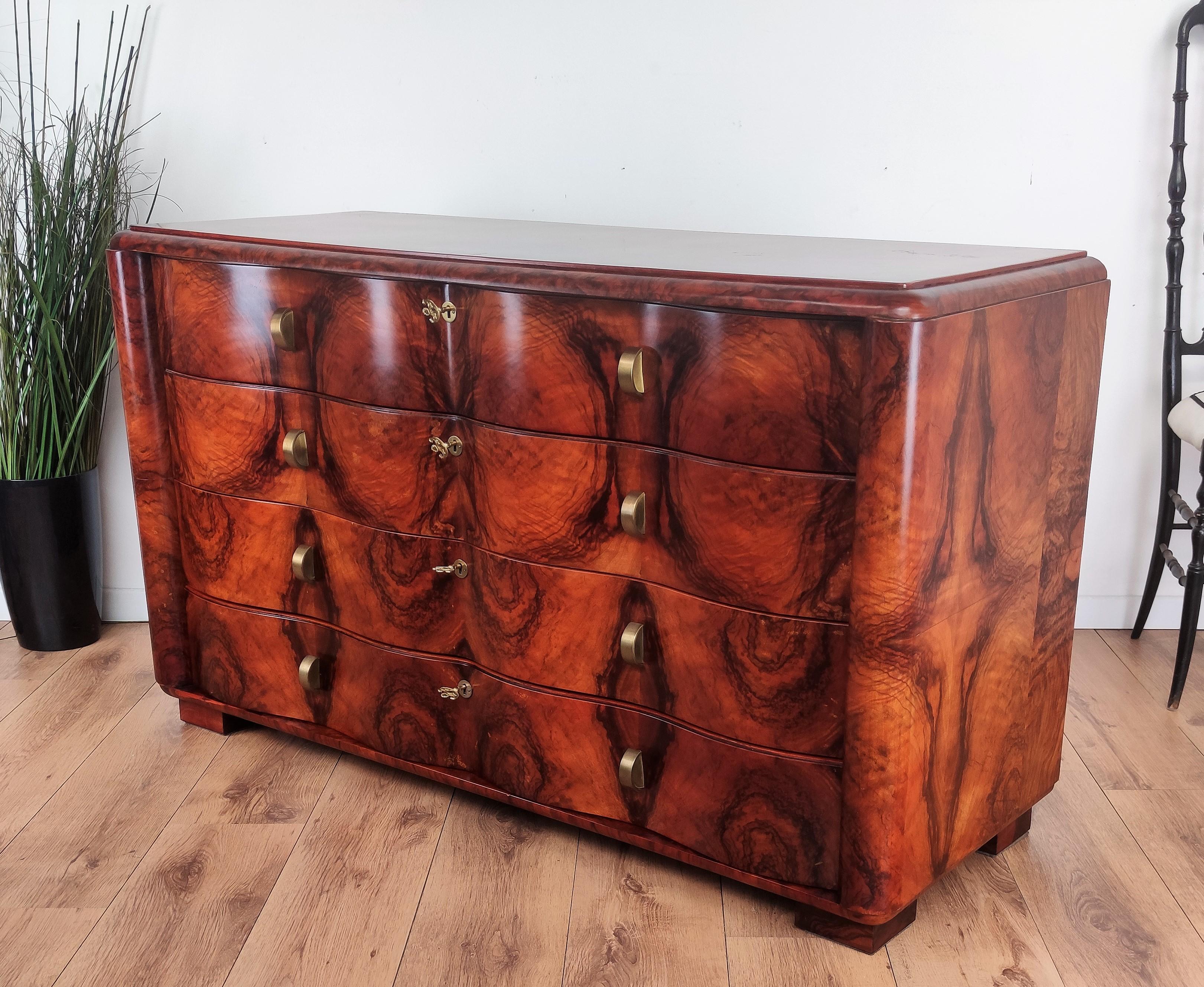 Art Deco Midcentury Regency Italian Walnut Burl & Brass Chest of Drawers 3