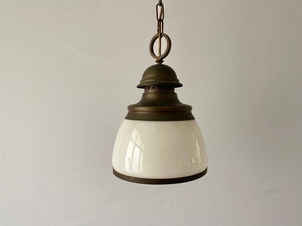 Art Deco Milk Glass and Antique Brass Pendant Lamp, 1940s, Germany