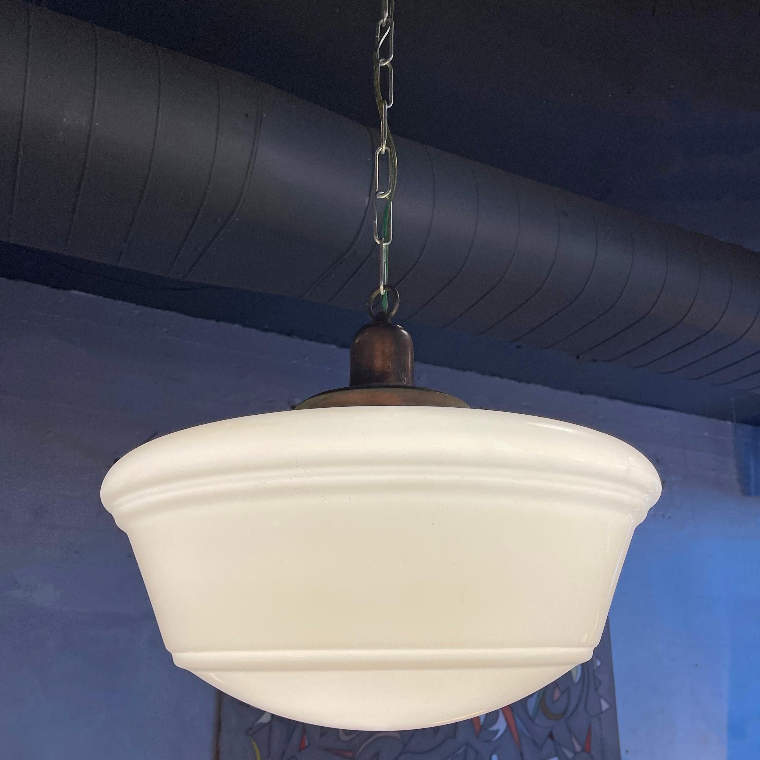 Art Deco Milk Glass and Brass Library Pendant Light In Good Condition In Brooklyn, NY