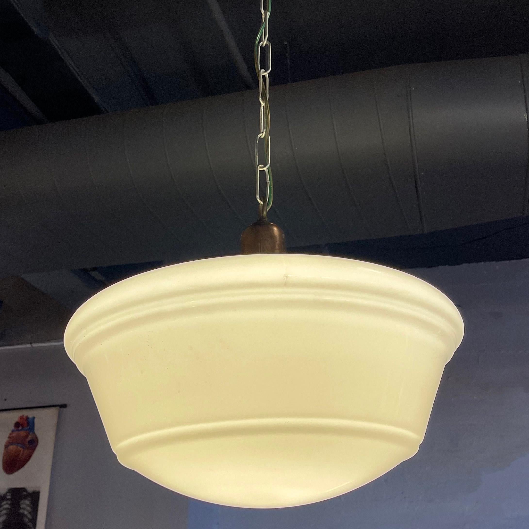 20th Century Art Deco Milk Glass and Brass Library Pendant Light