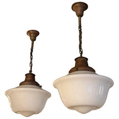 Art Deco Milk Glass and Brass Library Pendants