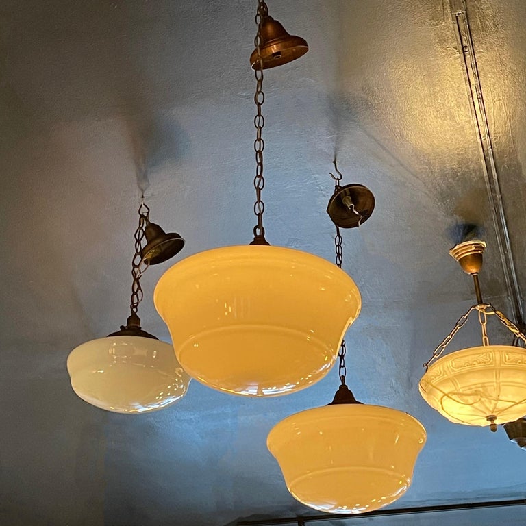 Art Deco Milk Glass and Copper Library Pendant Lights In Good Condition In Brooklyn, NY