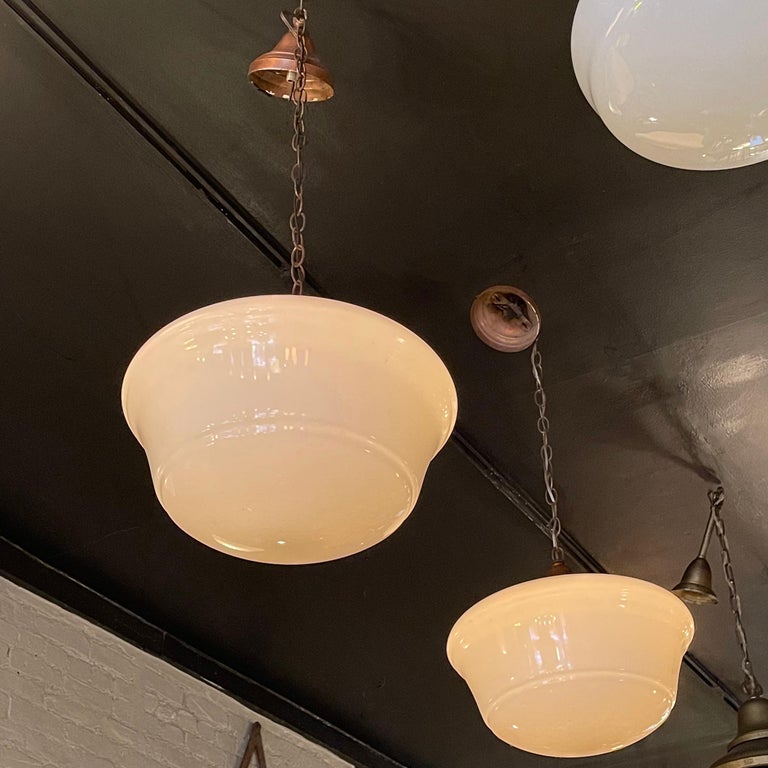 Mid-20th Century Art Deco Milk Glass and Copper Library Pendant Lights