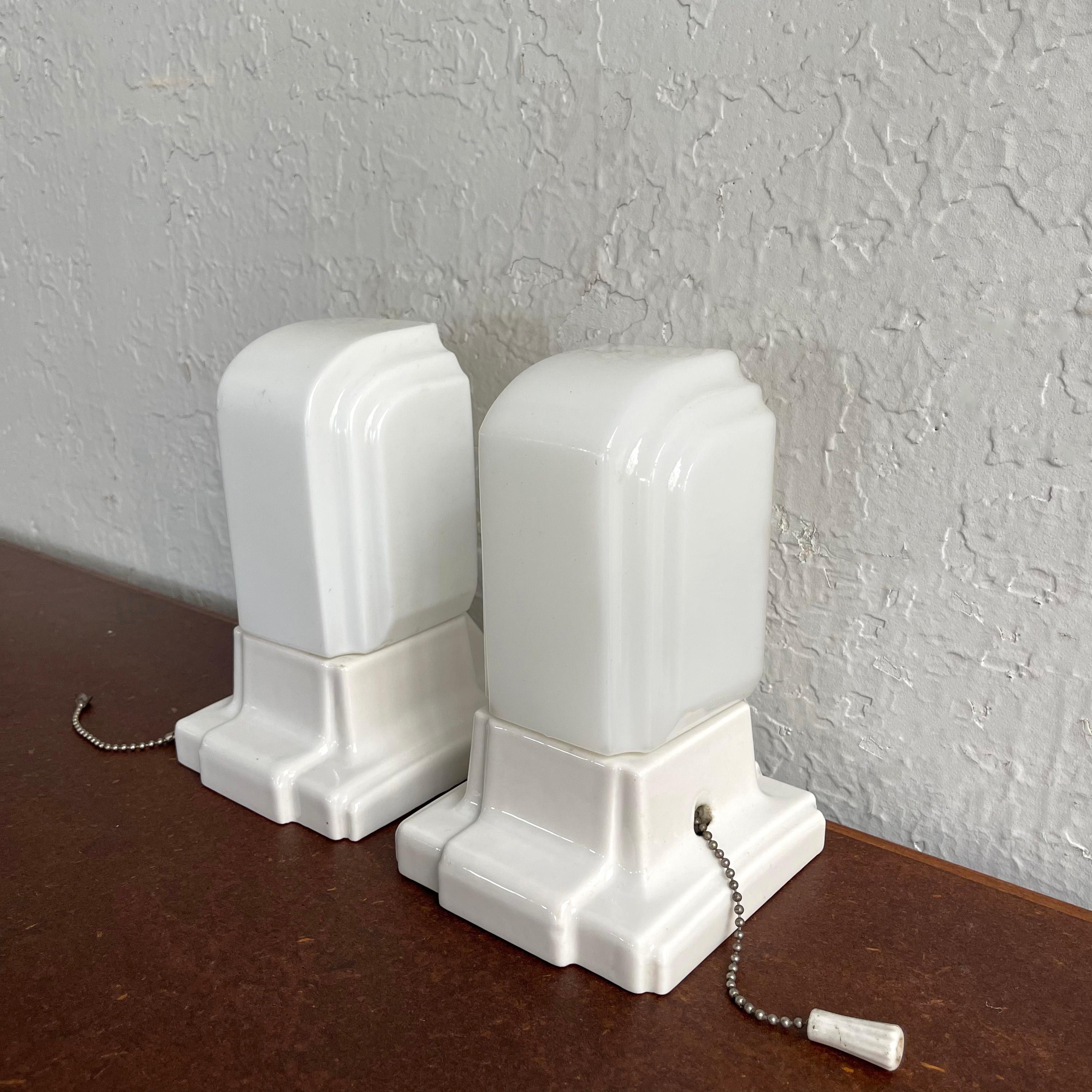 American Art Deco Milk Glass and Porcelain Wall Sconce Lights