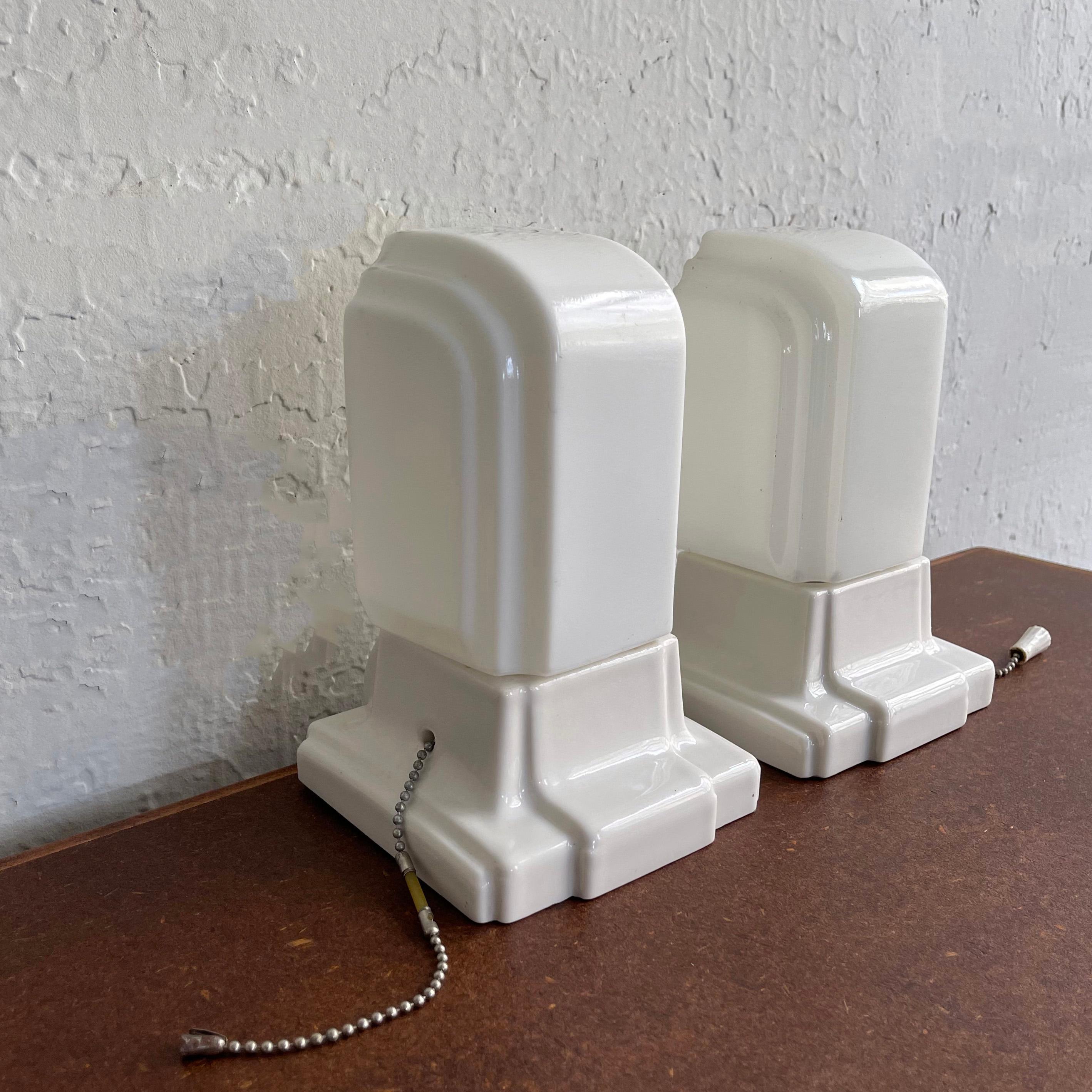 Art Deco Milk Glass and Porcelain Wall Sconce Lights In Good Condition In Brooklyn, NY