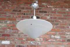 Art Deco Milk Glass Conical Pendant Ceiling Fixture with Concentric Circle Motif