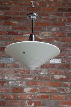 Art Deco Milk Glass Conical Pendant Ceiling Fixture with Embossed Leaf Motif