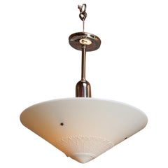 Art Deco Milk Glass Conical Pendant Ceiling Fixture with Embossed Leaf Motif