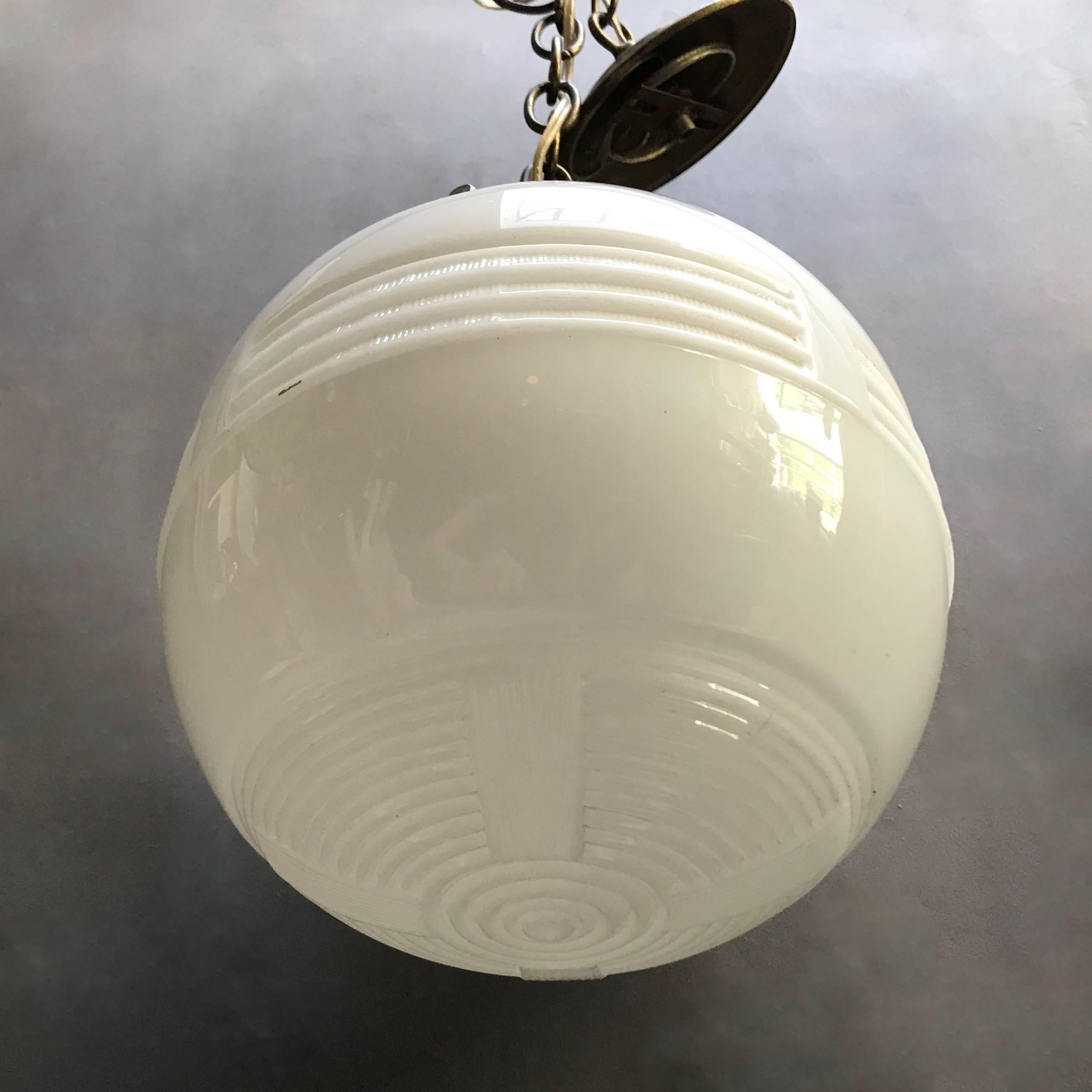 Art Deco Milk Glass Globe Library Pendant Light In Excellent Condition In Brooklyn, NY