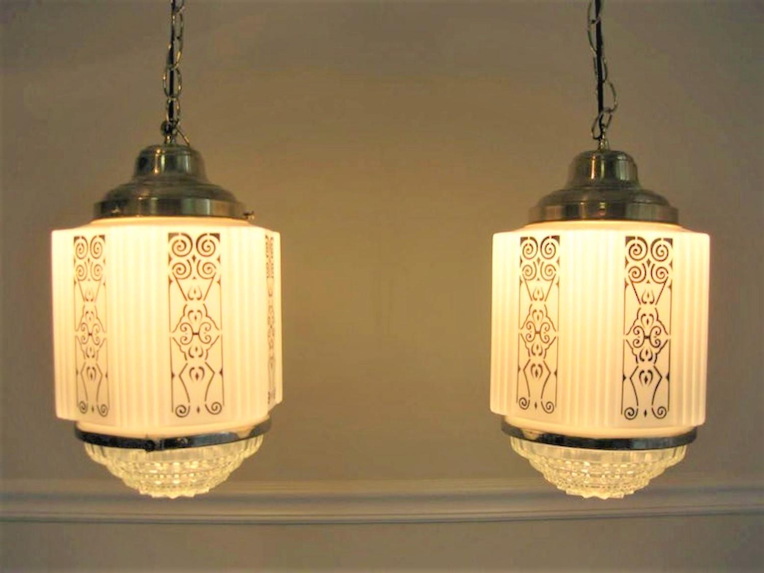 American Art Deco Milk Glass Hexagonal Shaped Pair of Hanging Lamps