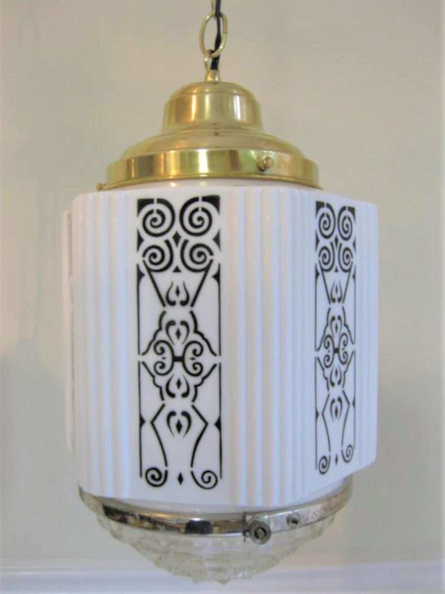 20th Century Art Deco Milk Glass Hexagonal Shaped Pair of Hanging Lamps