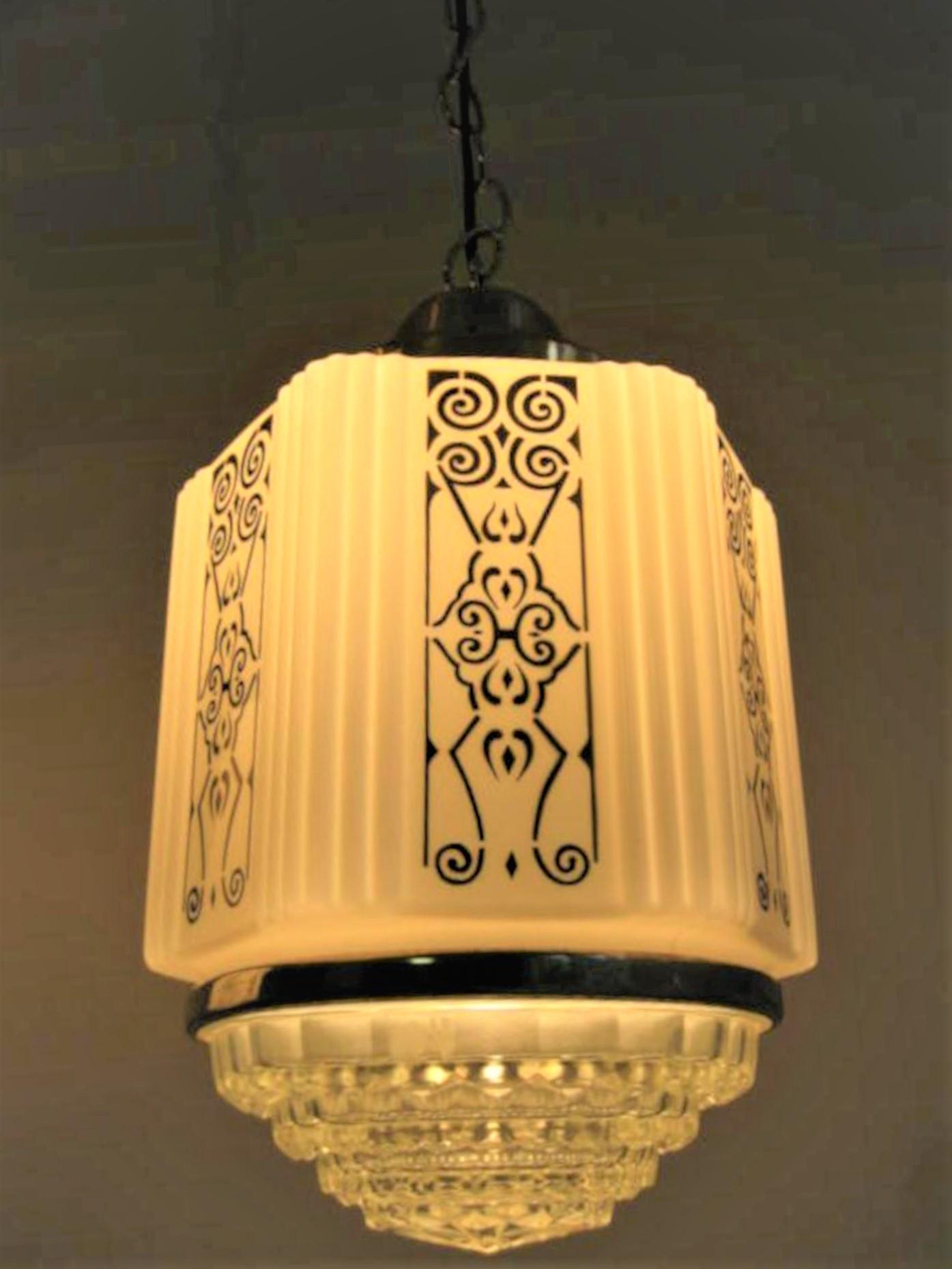 Art Deco Milk Glass Hexagonal Shaped Pair of Hanging Lamps 1