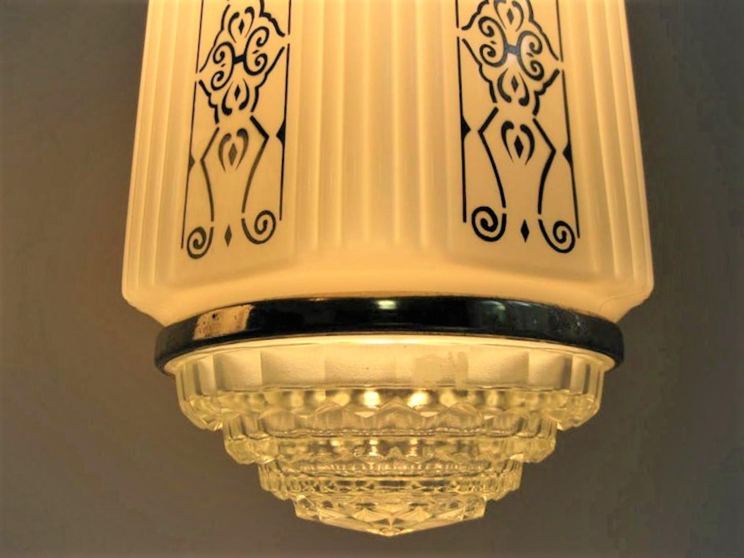 Art Deco Milk Glass Hexagonal Shaped Pair of Hanging Lamps 2