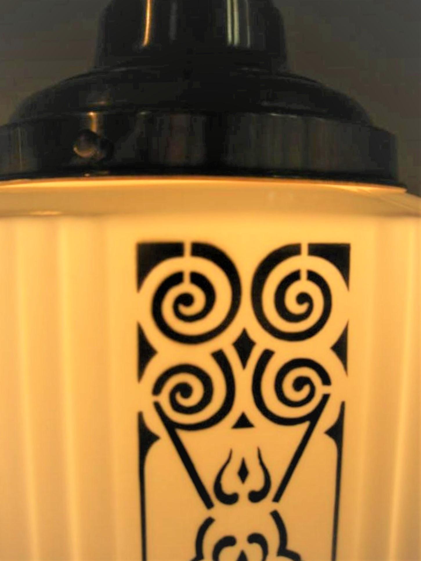 Art Deco Milk Glass Hexagonal Shaped Pair of Hanging Lamps 3