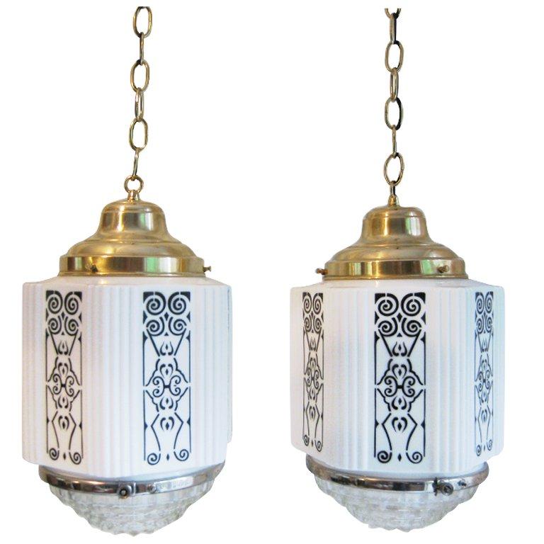 Art Deco Milk Glass Hexagonal Shaped Pair of Hanging Lamps