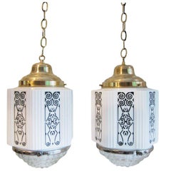 Art Deco Milk Glass Hexagonal Shaped Pair of Hanging Lamps