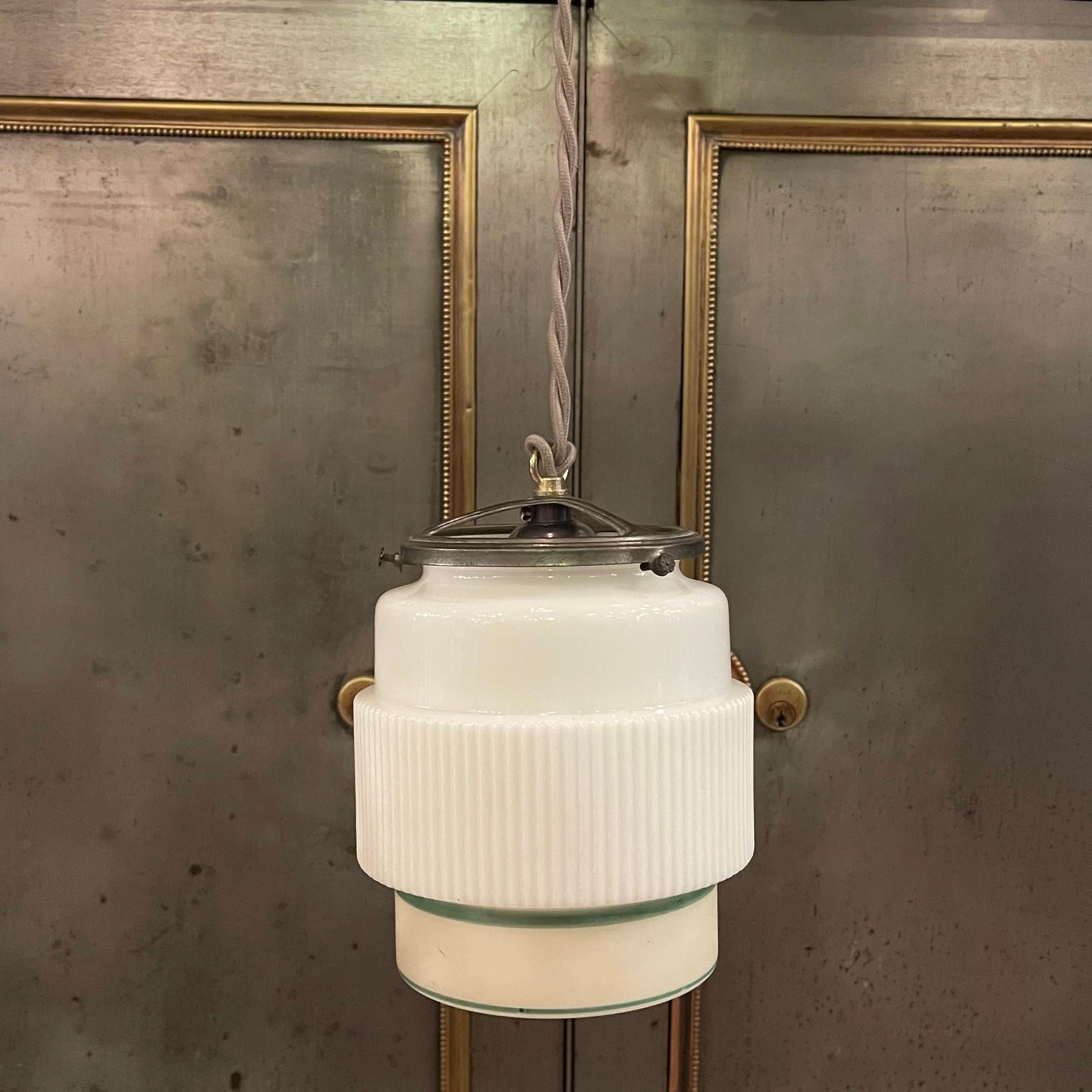 Art Deco Milk Glass Layer Cake Pendant Light In Good Condition For Sale In Brooklyn, NY