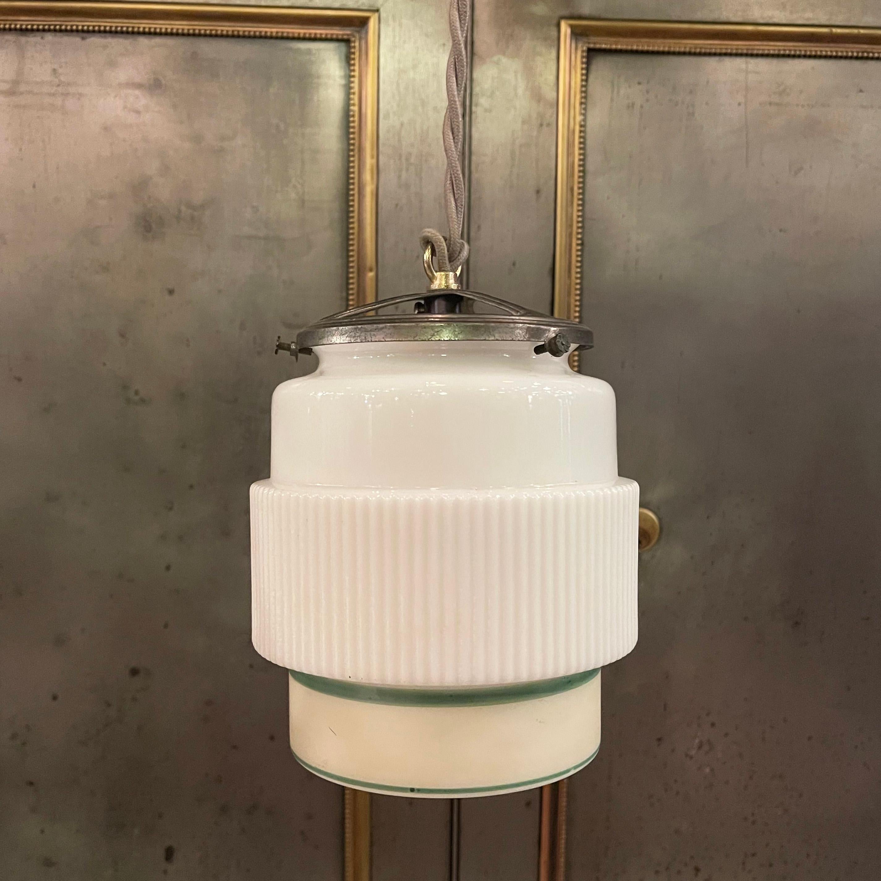 20th Century Art Deco Milk Glass Layer Cake Pendant Light For Sale