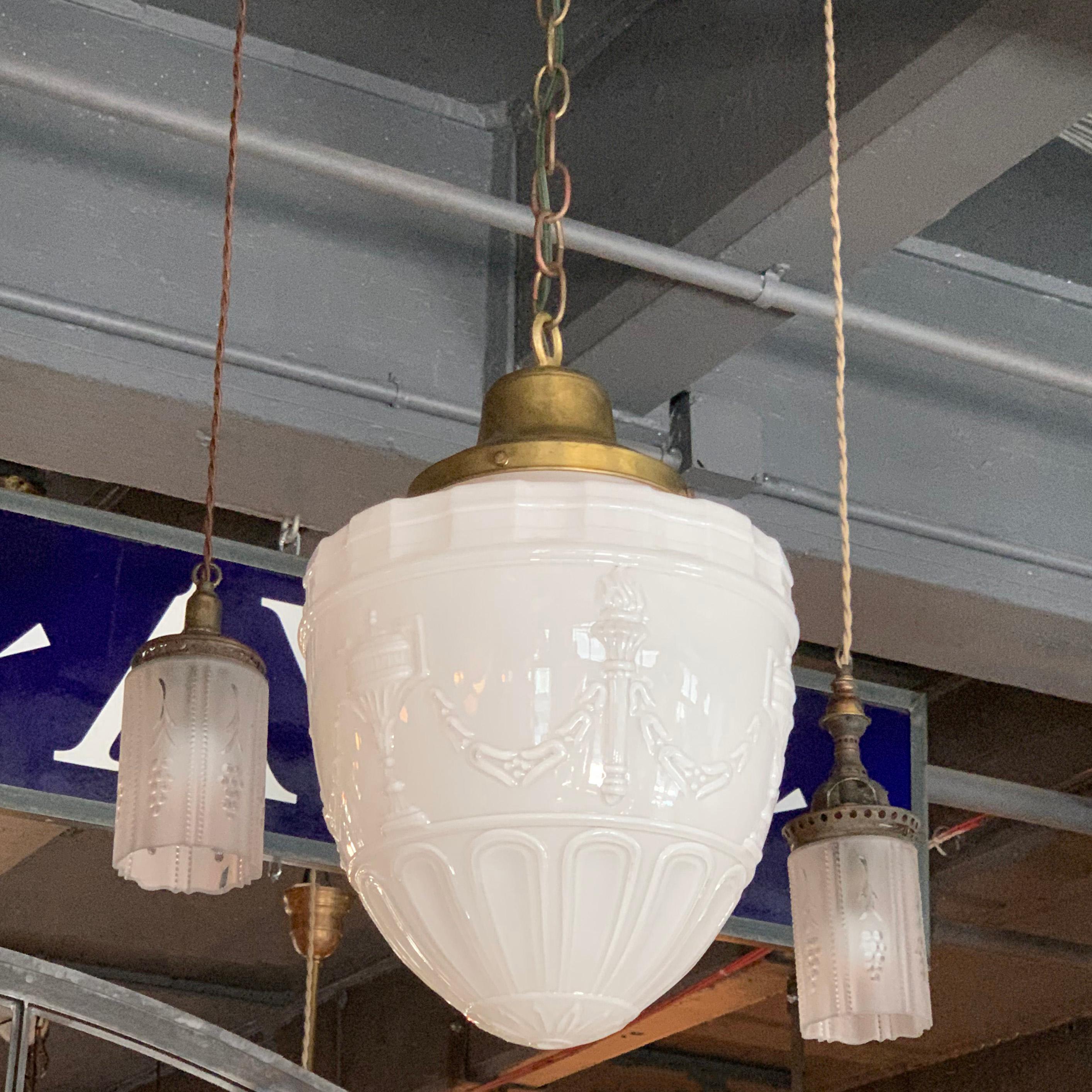 American Early 20th Century Milk Glass Library Pendant Light