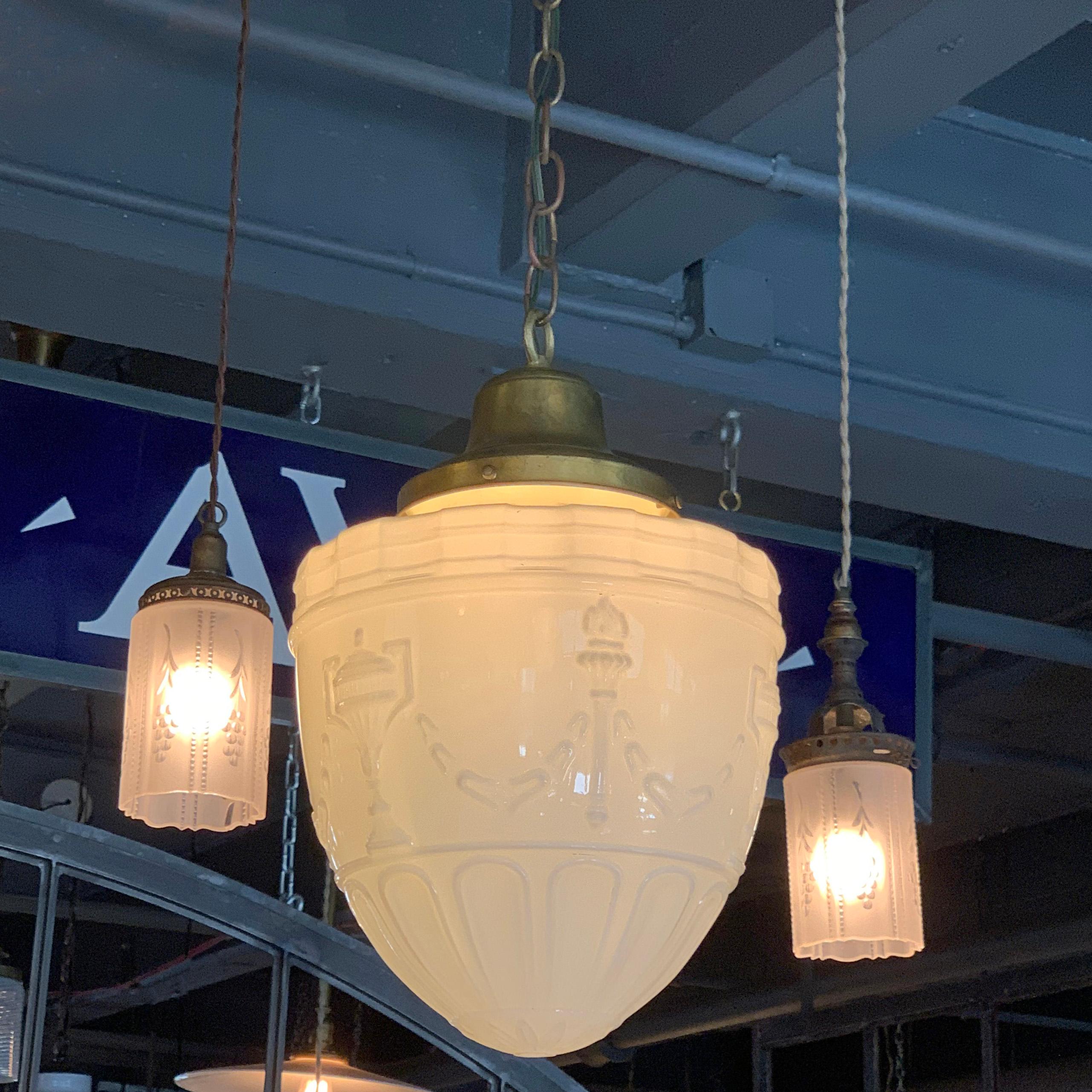Early 20th Century Milk Glass Library Pendant Light In Good Condition In Brooklyn, NY