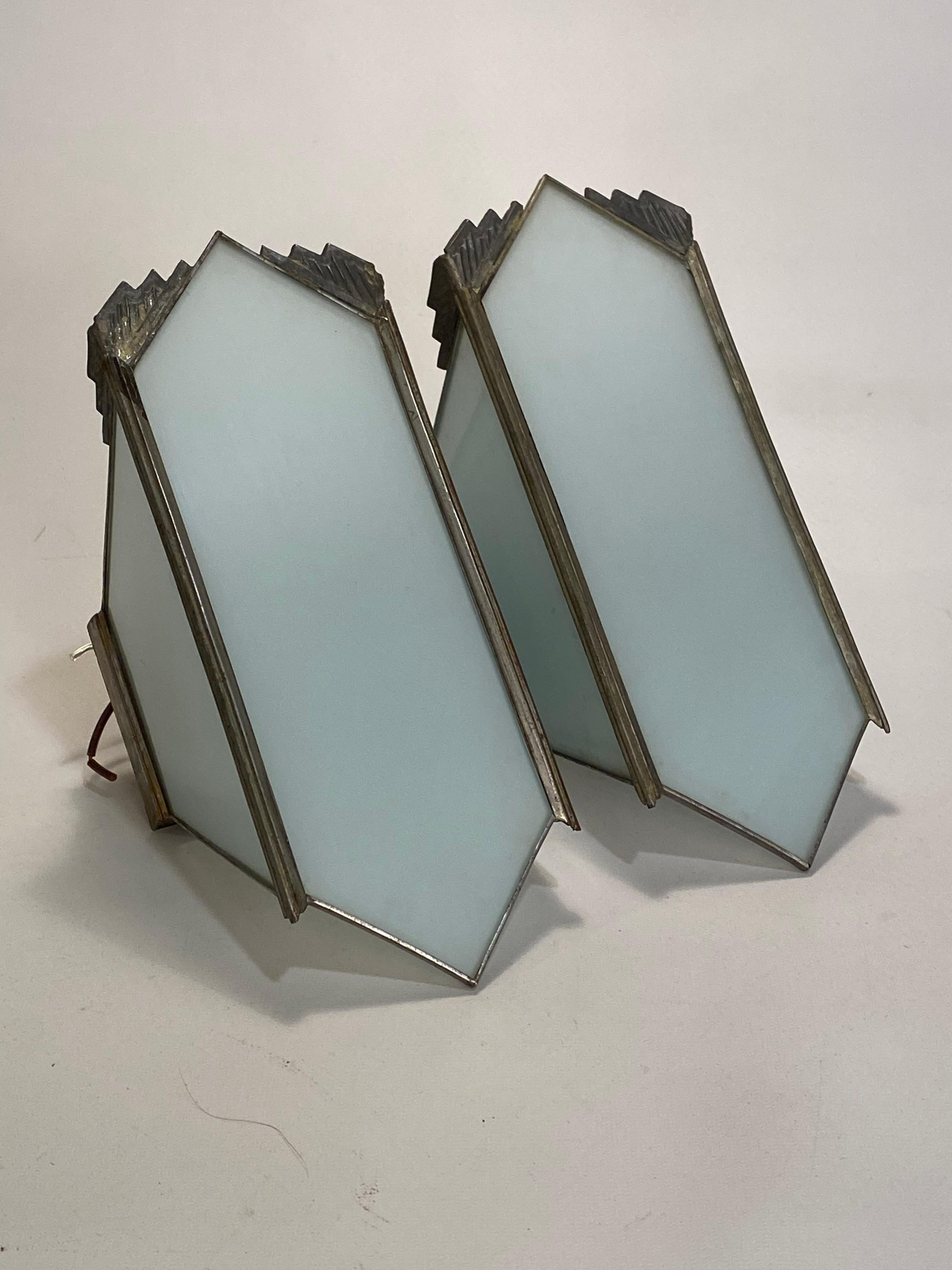 American Art Deco Milk Glass Panel Sconces, a Pair
