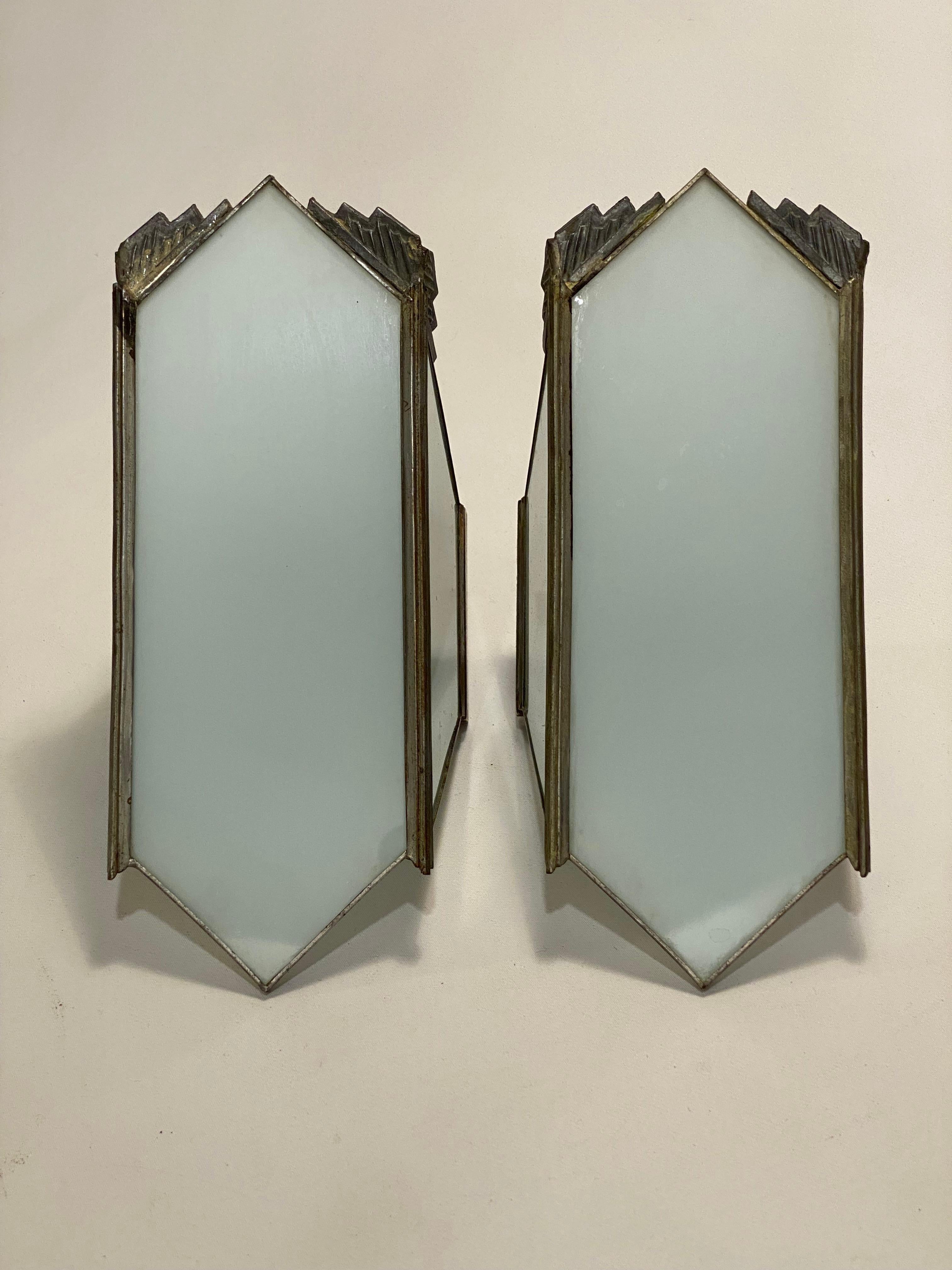Art Deco Milk Glass Panel Sconces, a Pair In Good Condition In Garnerville, NY
