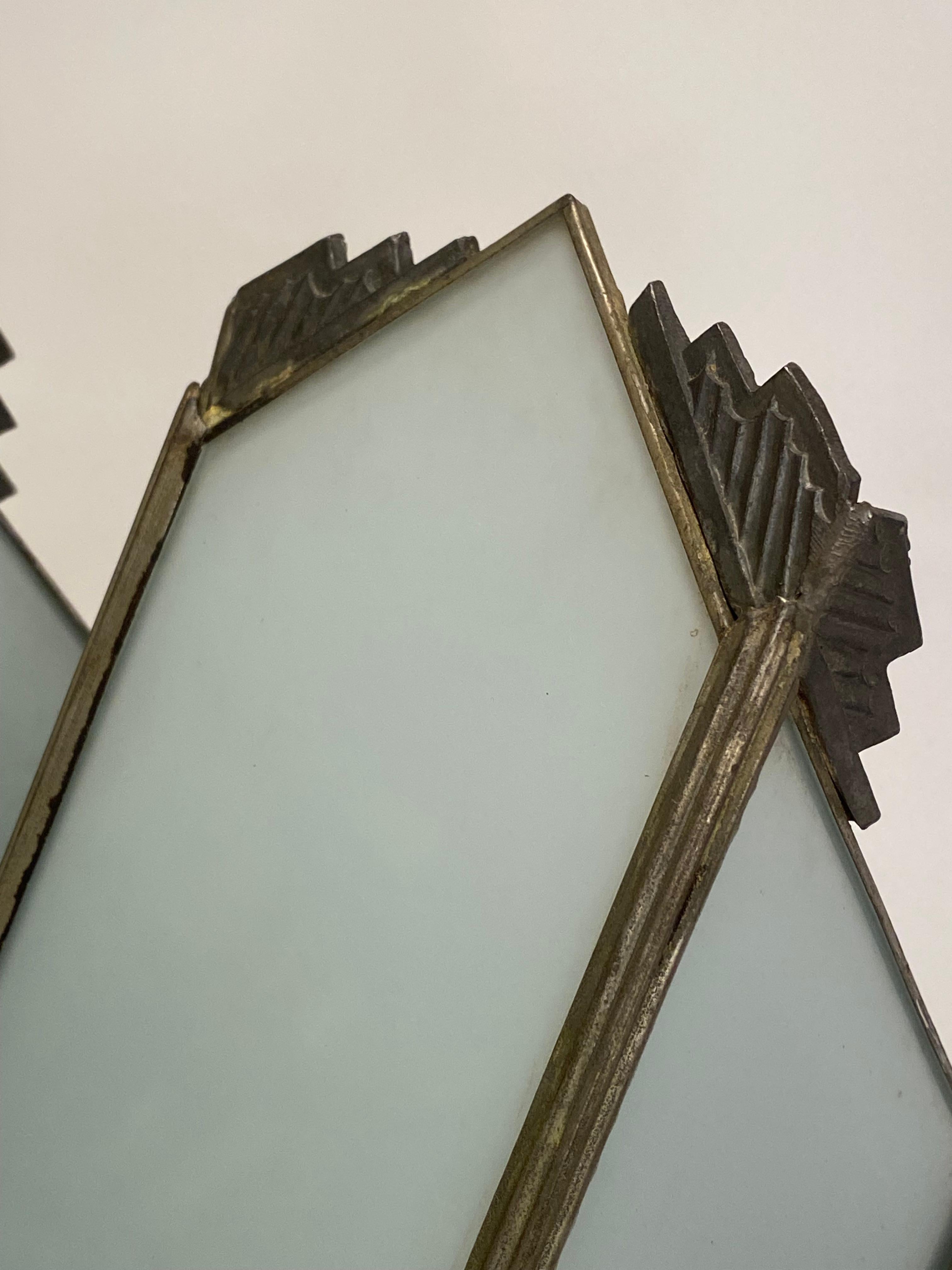 Metal Art Deco Milk Glass Panel Sconces, a Pair