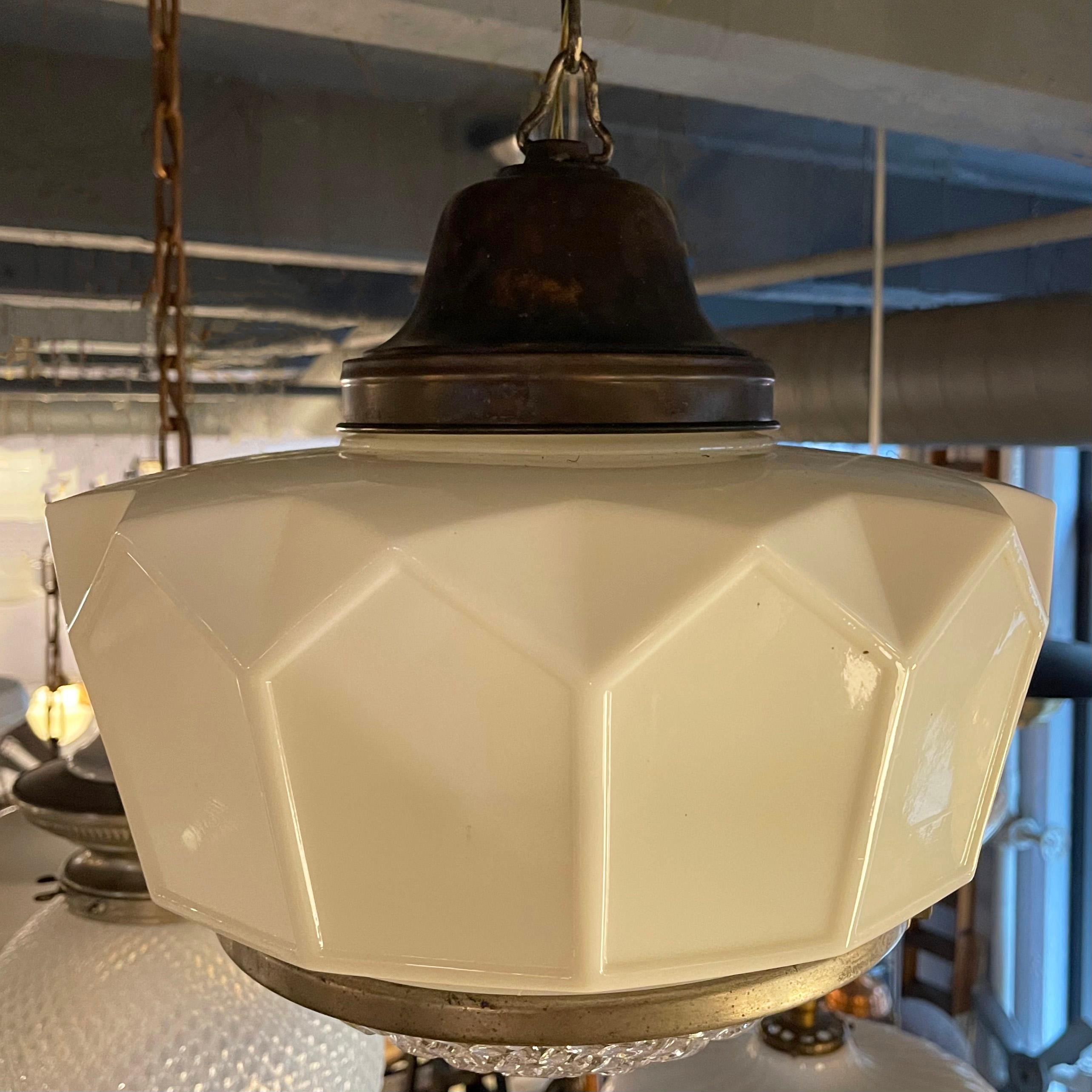 Art Deco Milk Glass Pendant Light In Good Condition For Sale In Brooklyn, NY