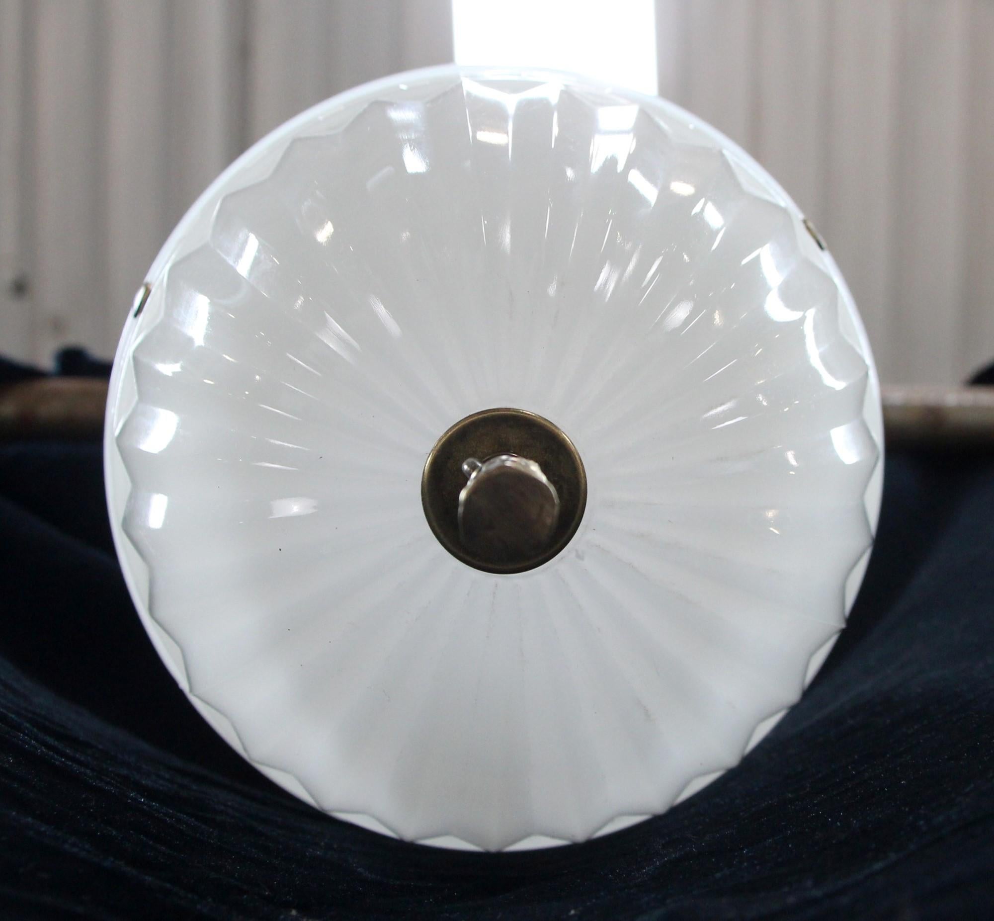 1910s Brascolite Milk Glass Pendant Light Greek Key Detail & Brass Rope Tassel In Good Condition For Sale In New York, NY