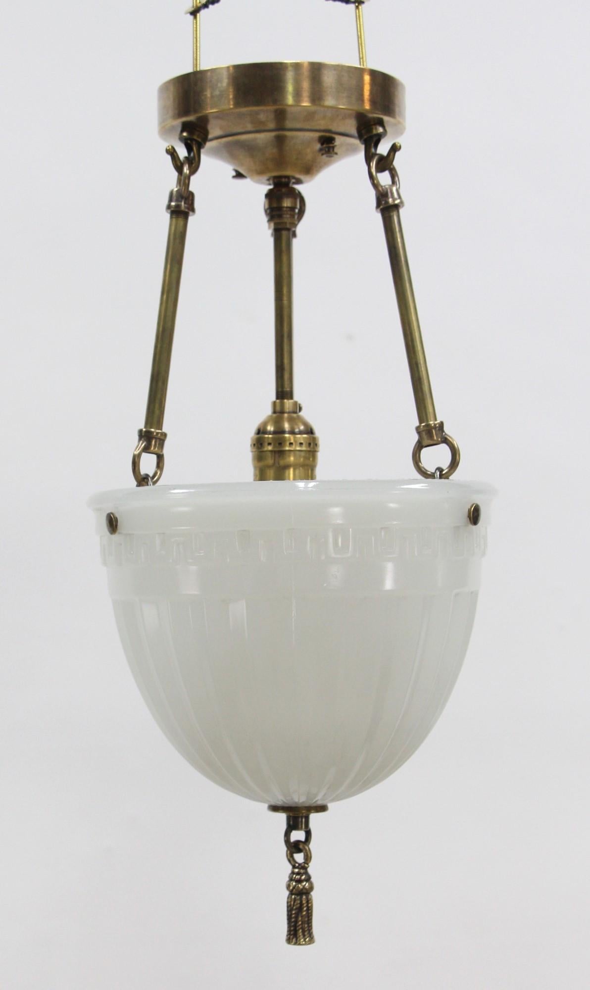 Contemporary 1910s Brascolite Milk Glass Pendant Light Greek Key Detail & Brass Rope Tassel For Sale