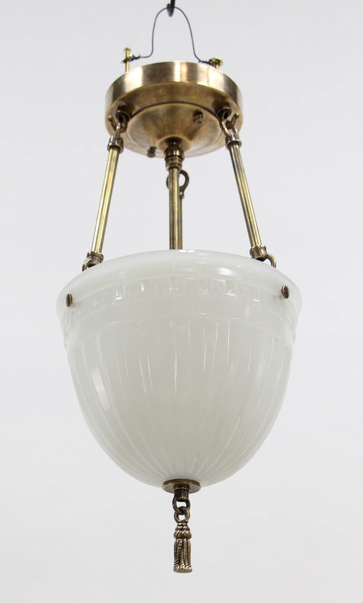 1910s Brascolite Milk Glass Pendant Light Greek Key Detail & Brass Rope Tassel For Sale 1