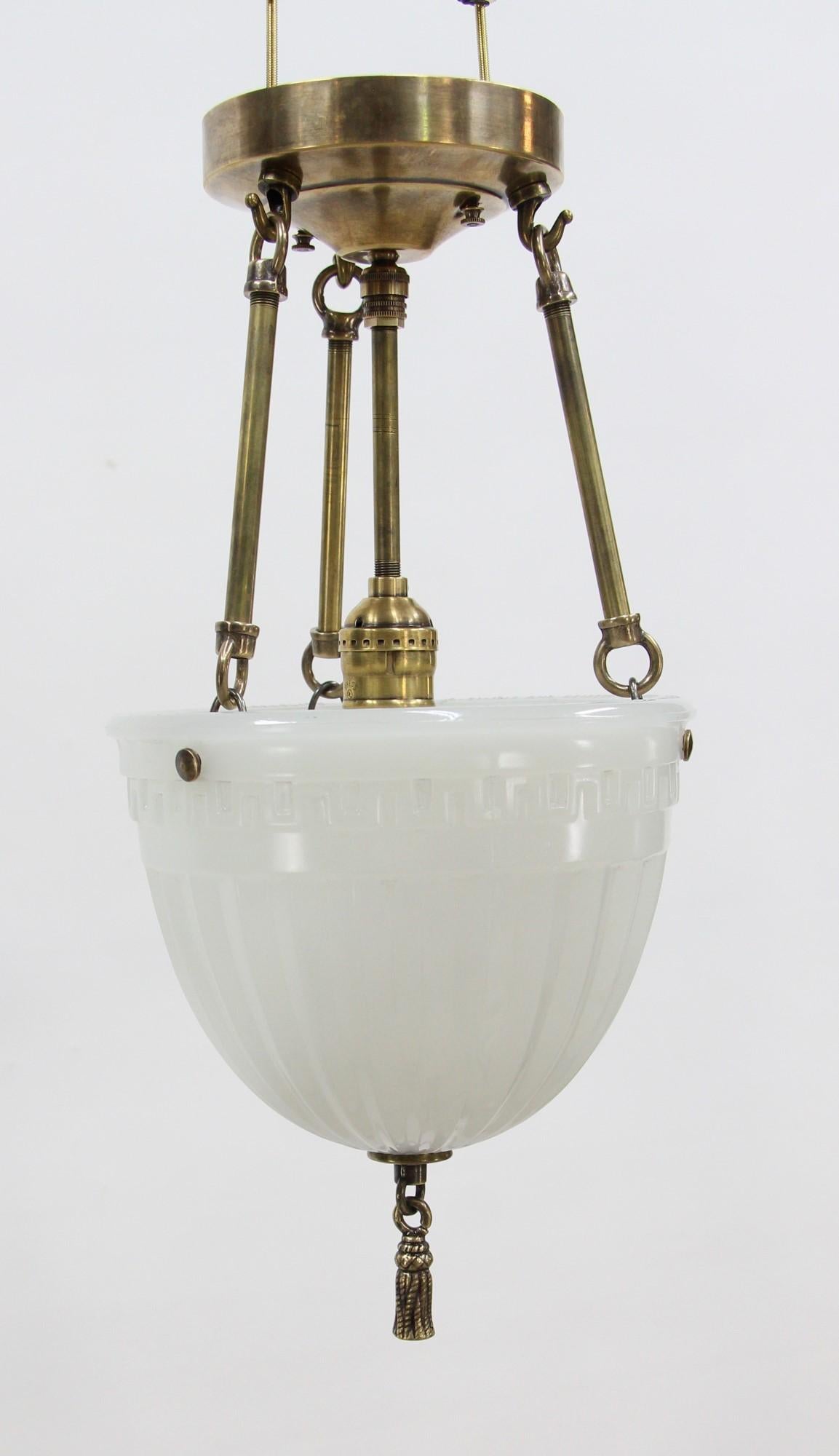 1910s Brascolite Milk Glass Pendant Light Greek Key Detail & Brass Rope Tassel For Sale 2